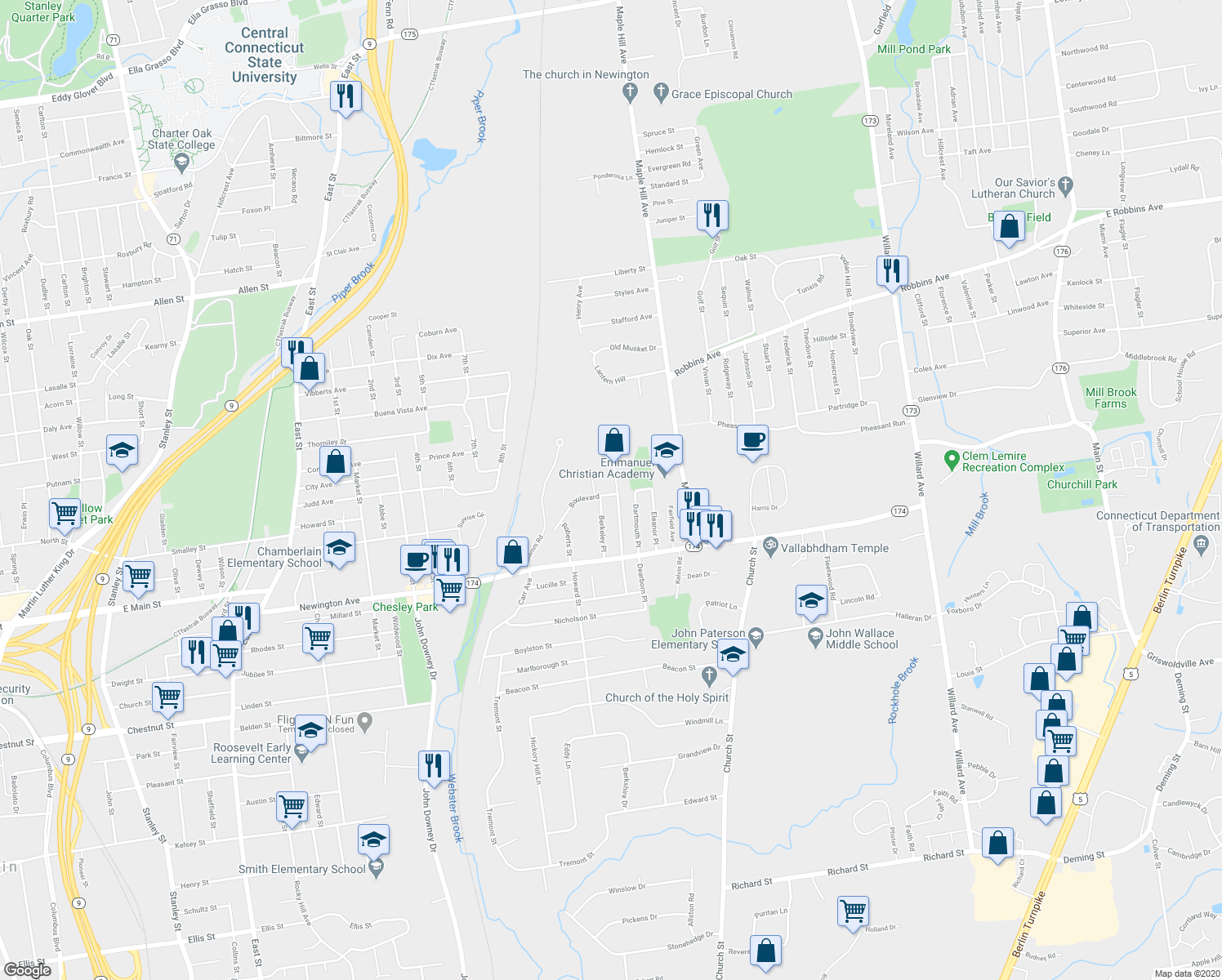 map of restaurants, bars, coffee shops, grocery stores, and more near 71 Clarendon Terrace in Newington