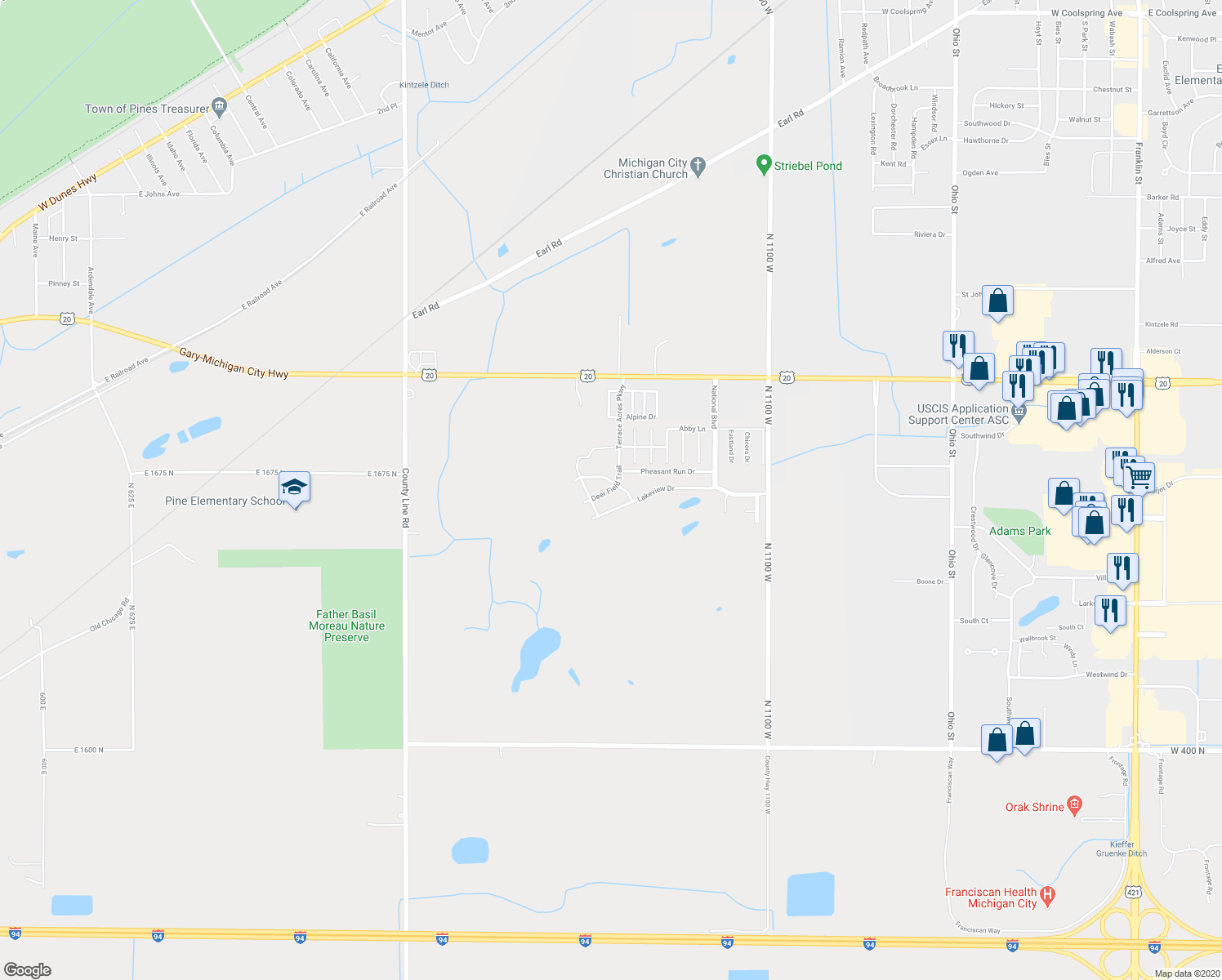 map of restaurants, bars, coffee shops, grocery stores, and more near Deer Field Trail in Michigan City
