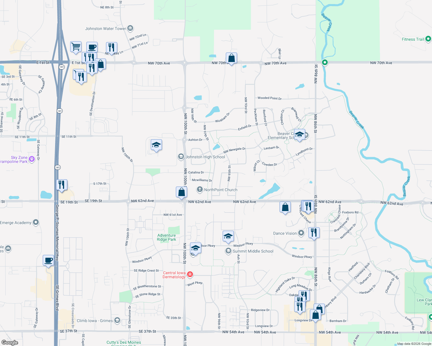 map of restaurants, bars, coffee shops, grocery stores, and more near 6405 NW 97th St in Johnston