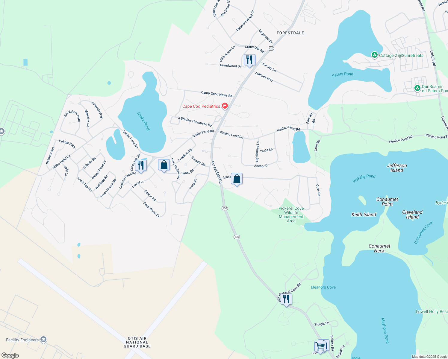 map of restaurants, bars, coffee shops, grocery stores, and more near 2 Artisan Way in Sandwich