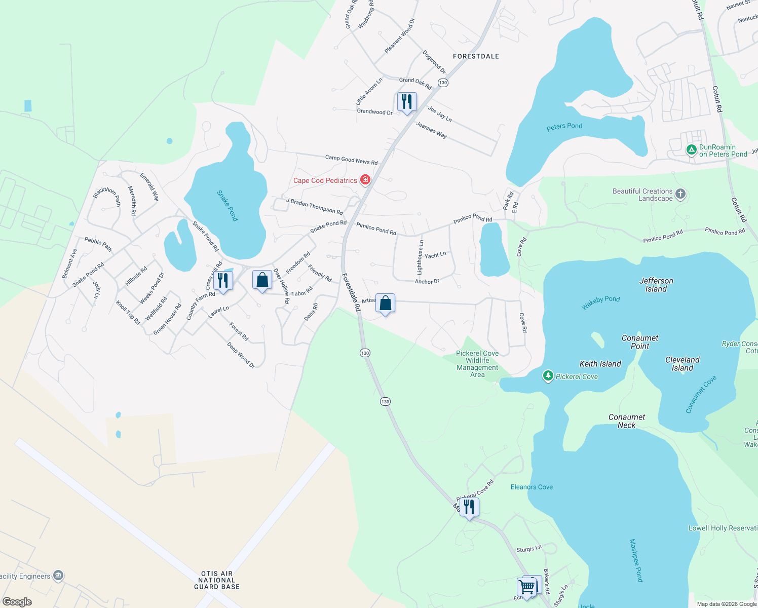 map of restaurants, bars, coffee shops, grocery stores, and more near 6 Artisan Way in Sandwich