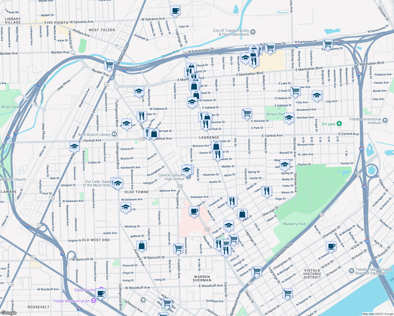 map of restaurants, bars, coffee shops, grocery stores, and more near 119 Everett Street in Toledo