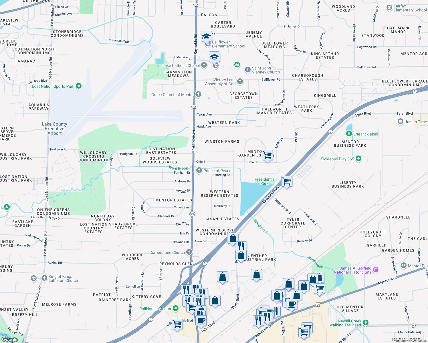 map of restaurants, bars, coffee shops, grocery stores, and more near 7435 Harding St in Mentor
