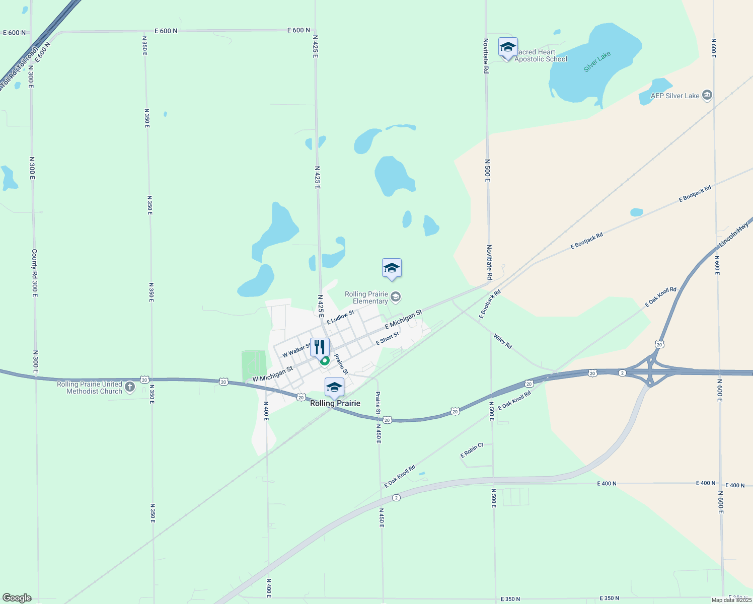 map of restaurants, bars, coffee shops, grocery stores, and more near 598 E Ludlow St in Rolling Prairie