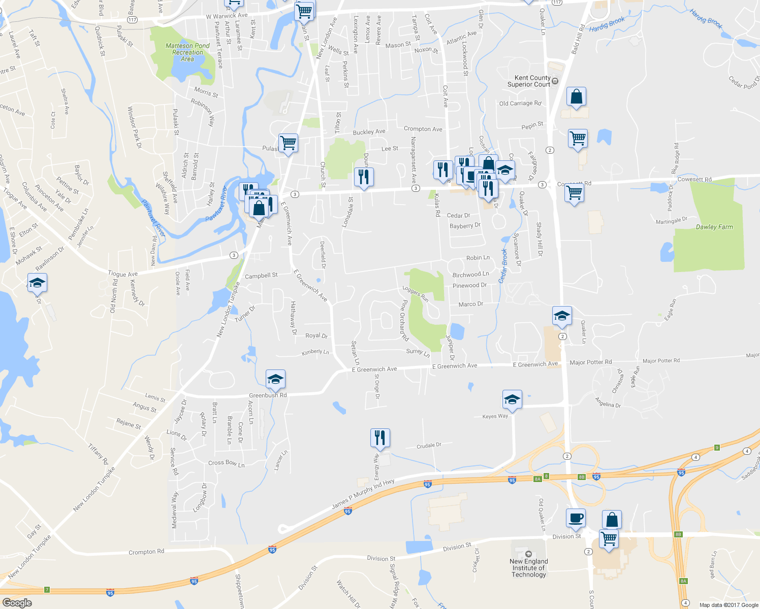 map of restaurants, bars, coffee shops, grocery stores, and more near 32 Silverwood Ln in West Warwick