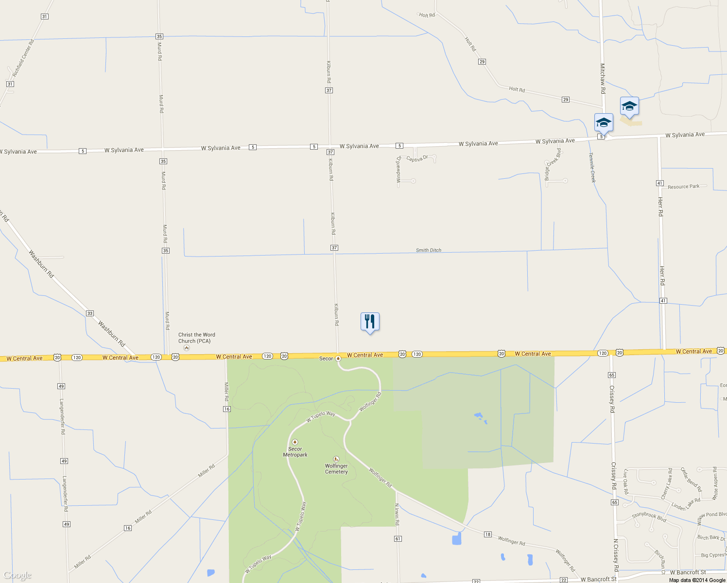 map of restaurants, bars, coffee shops, grocery stores, and more near 3410 Kilburn Rd in Berkey