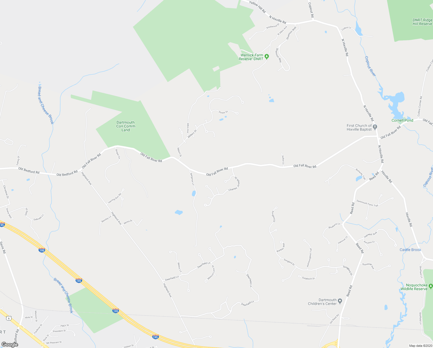 map of restaurants, bars, coffee shops, grocery stores, and more near 1126 Old Fall River Road in Dartmouth