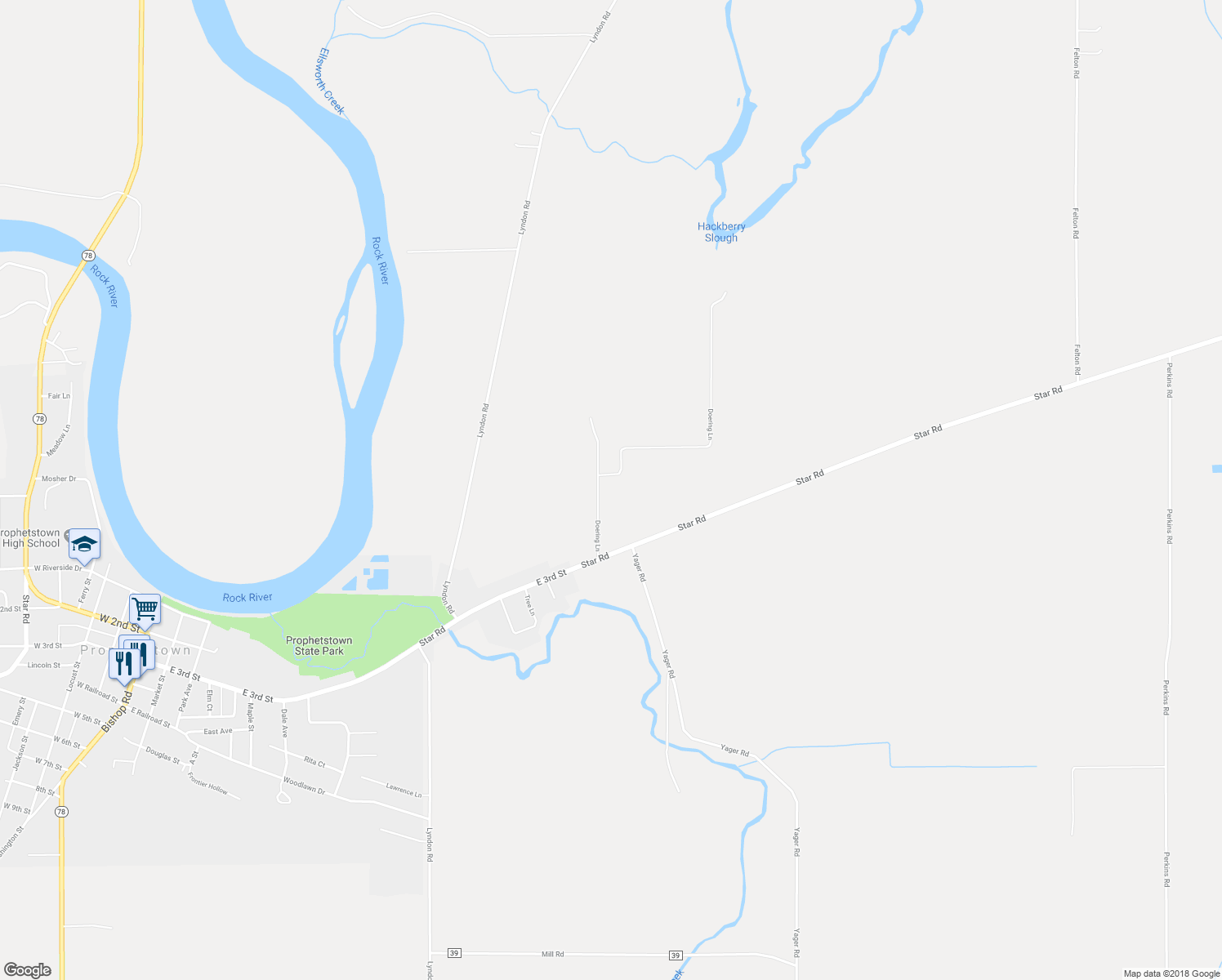 map of restaurants, bars, coffee shops, grocery stores, and more near 6430 Doering Lane in Prophetstown