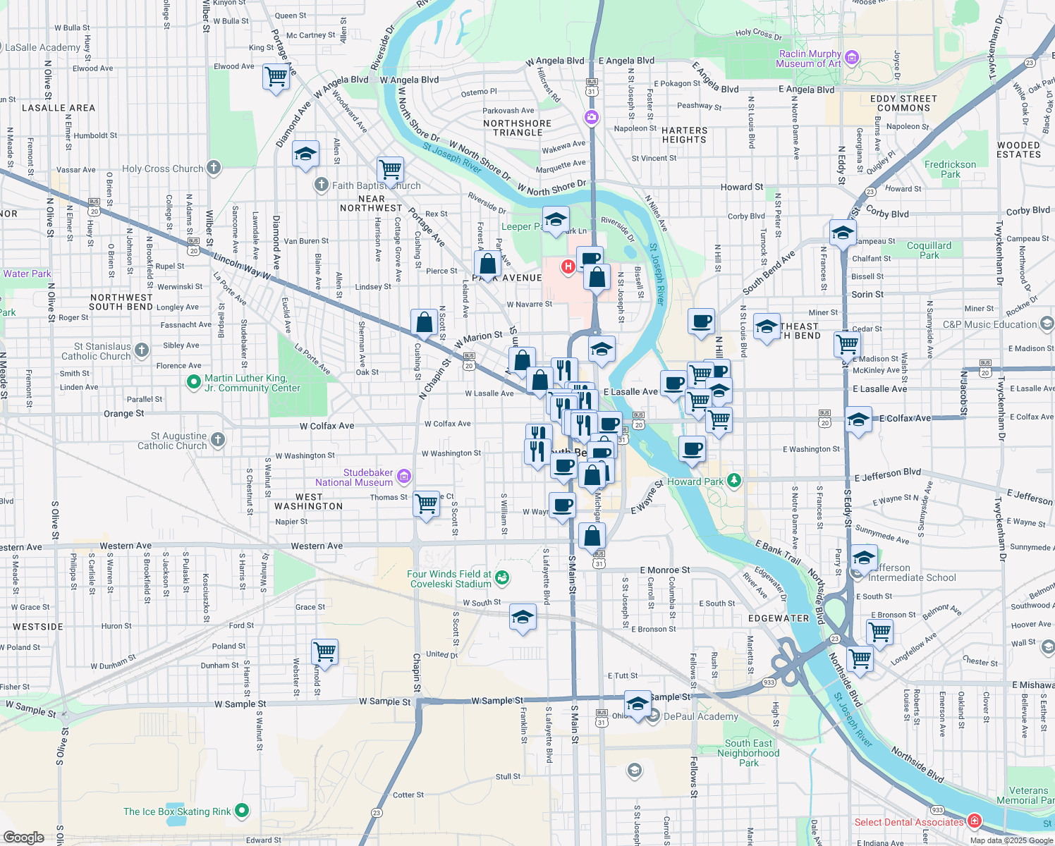 map of restaurants, bars, coffee shops, grocery stores, and more near 101-199 Saint James Court in South Bend
