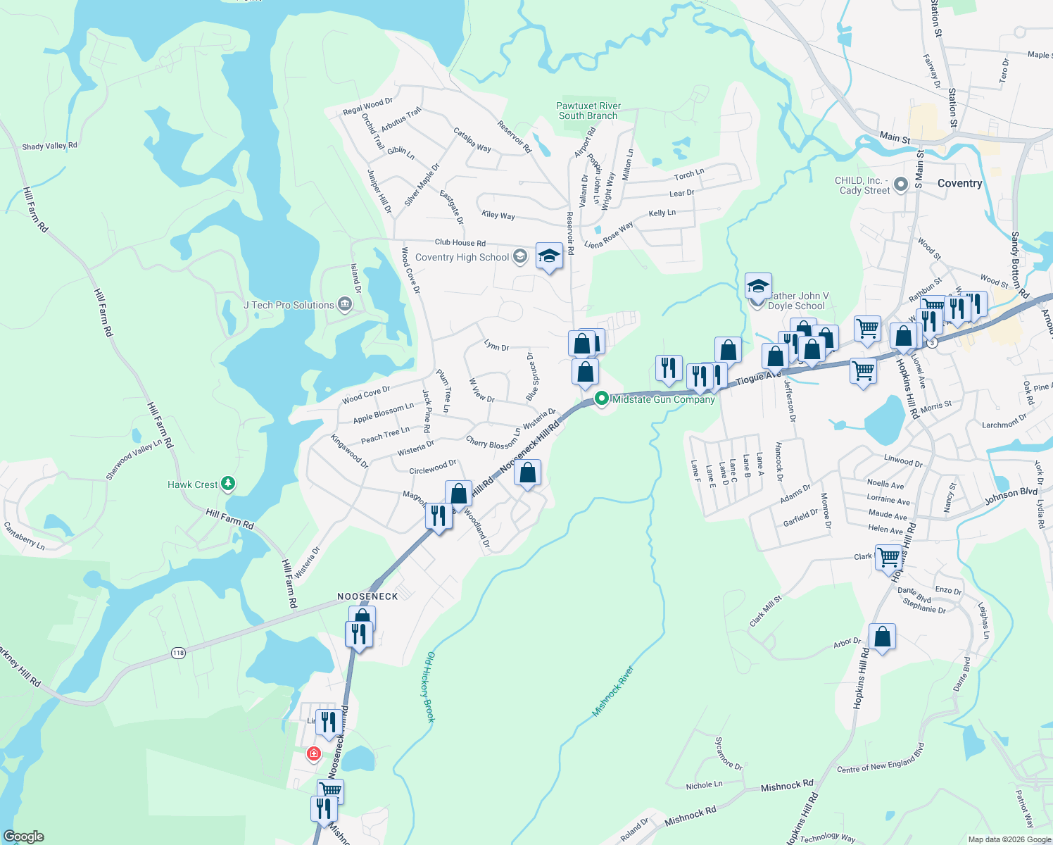 map of restaurants, bars, coffee shops, grocery stores, and more near 13 Wisteria Drive in Coventry