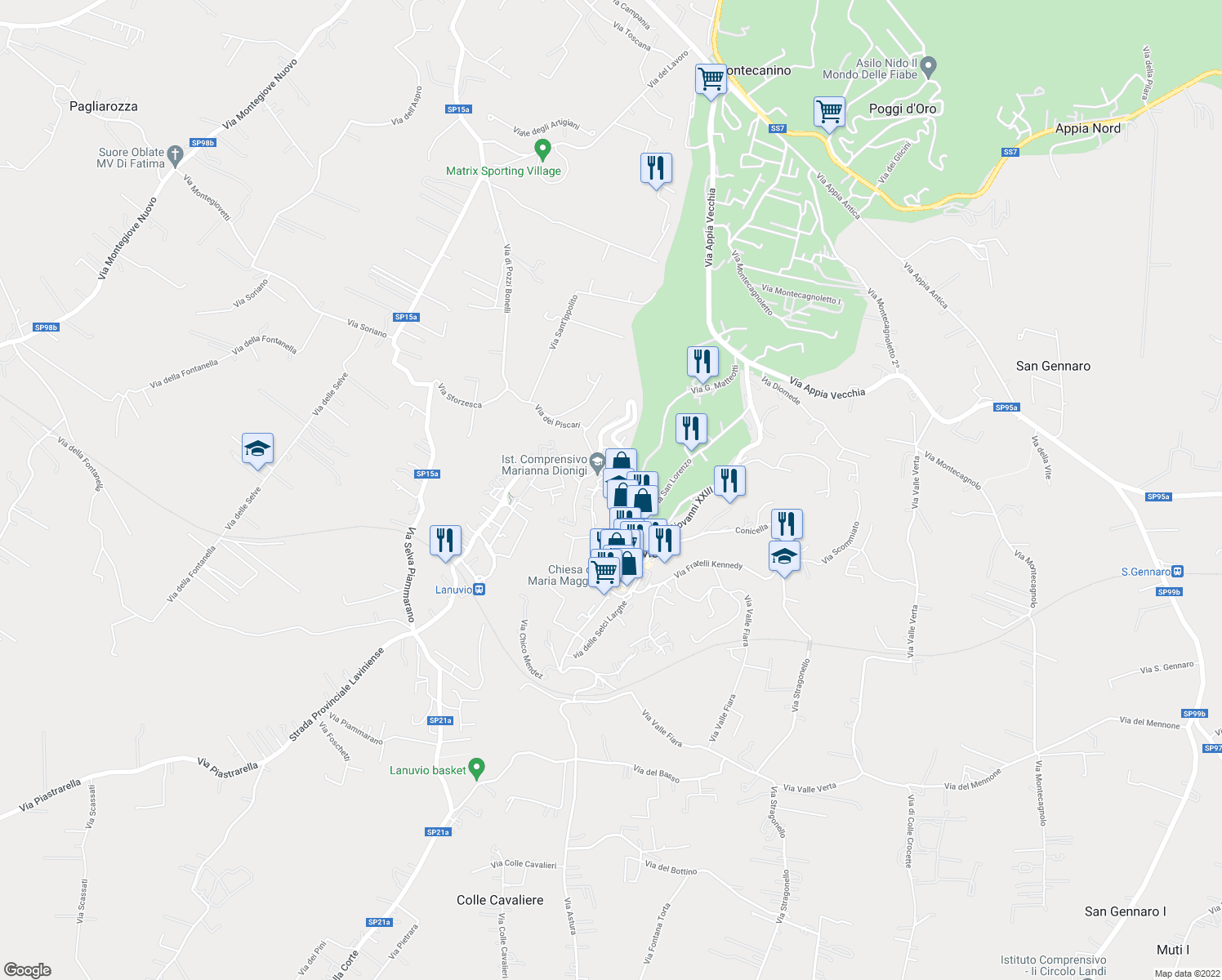 map of restaurants, bars, coffee shops, grocery stores, and more near Via Santa Maria della Pace in Lanuvio