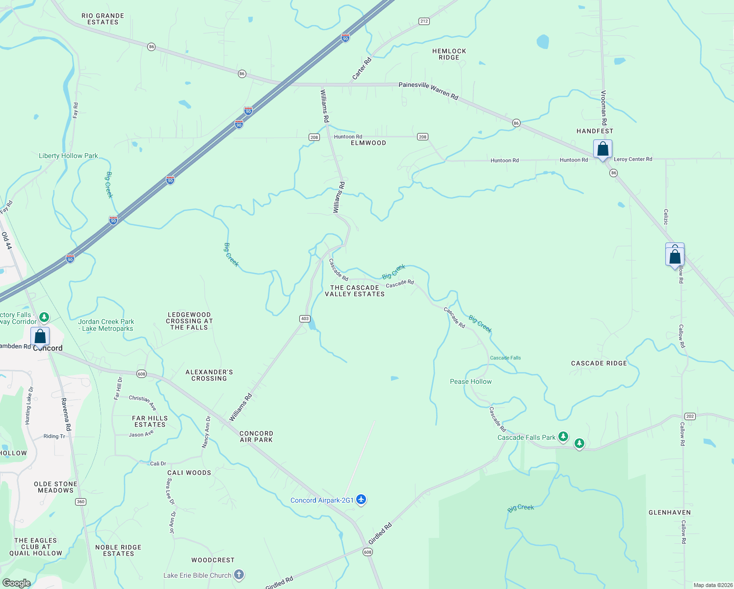 map of restaurants, bars, coffee shops, grocery stores, and more near 7036 Cascade Rd in Painesville