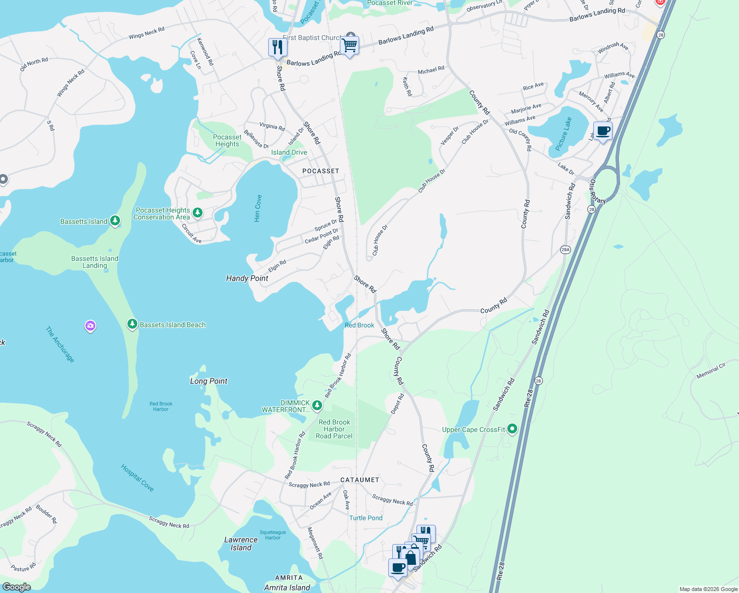 map of restaurants, bars, coffee shops, grocery stores, and more near 1088 Shore Road in Bourne