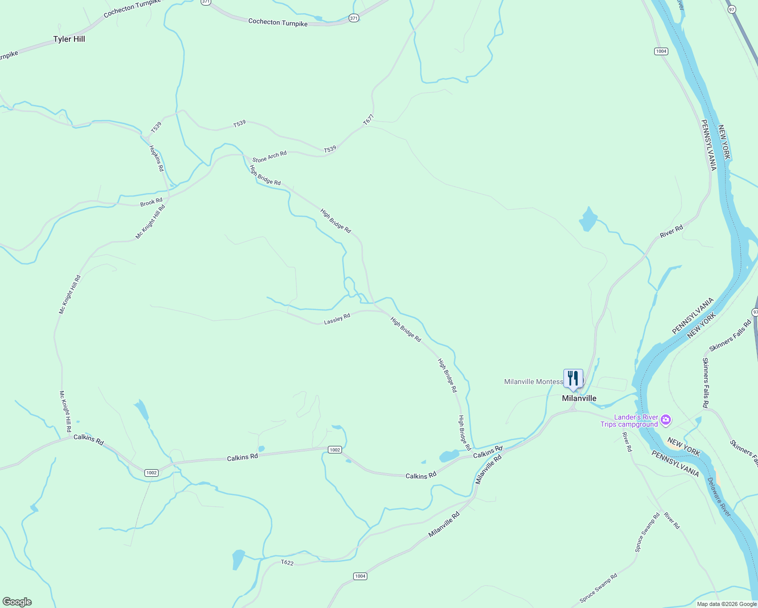 map of restaurants, bars, coffee shops, grocery stores, and more near 166 High Bridge Road in Milanville