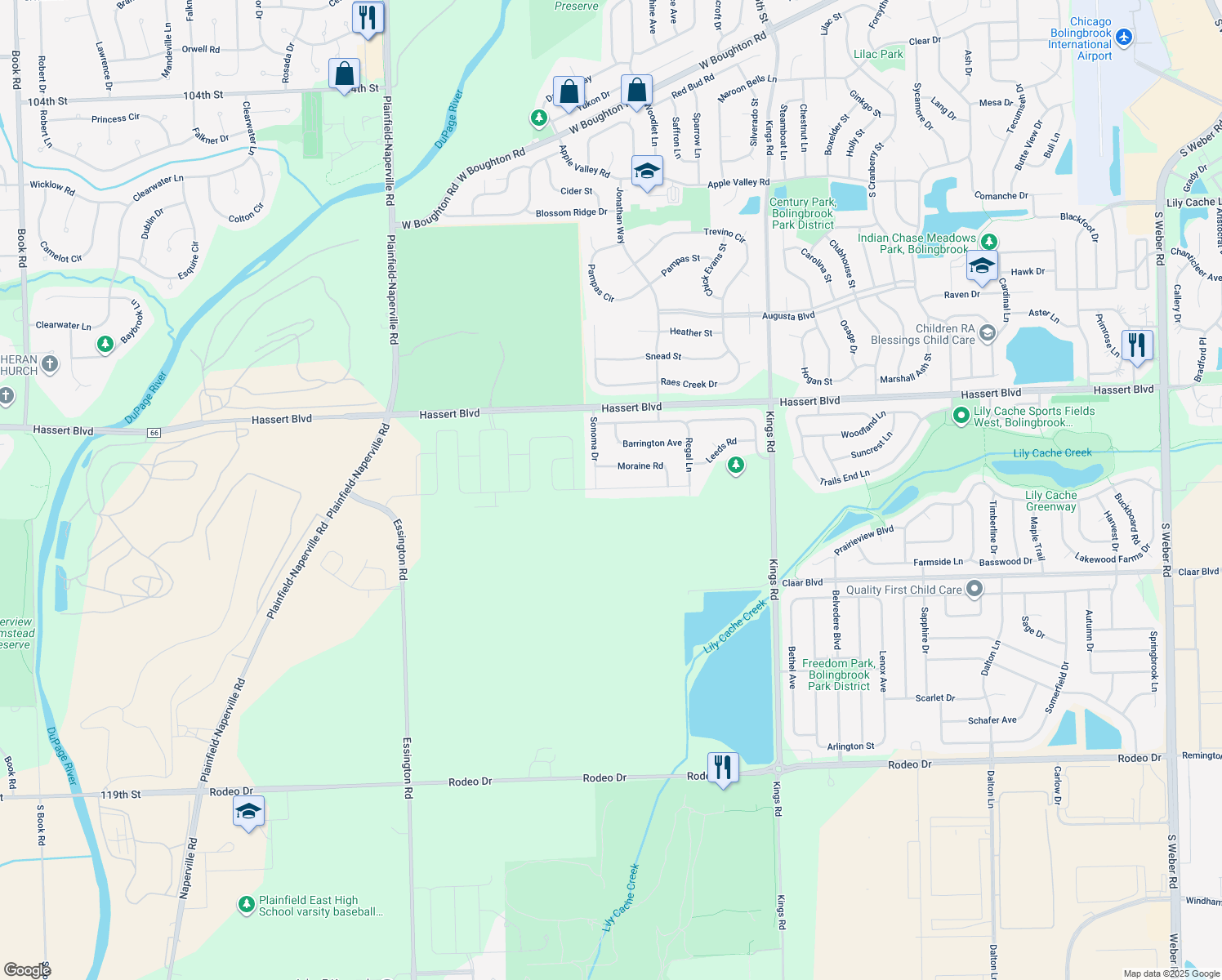 map of restaurants, bars, coffee shops, grocery stores, and more near 1943 Norwich Lane in Bolingbrook