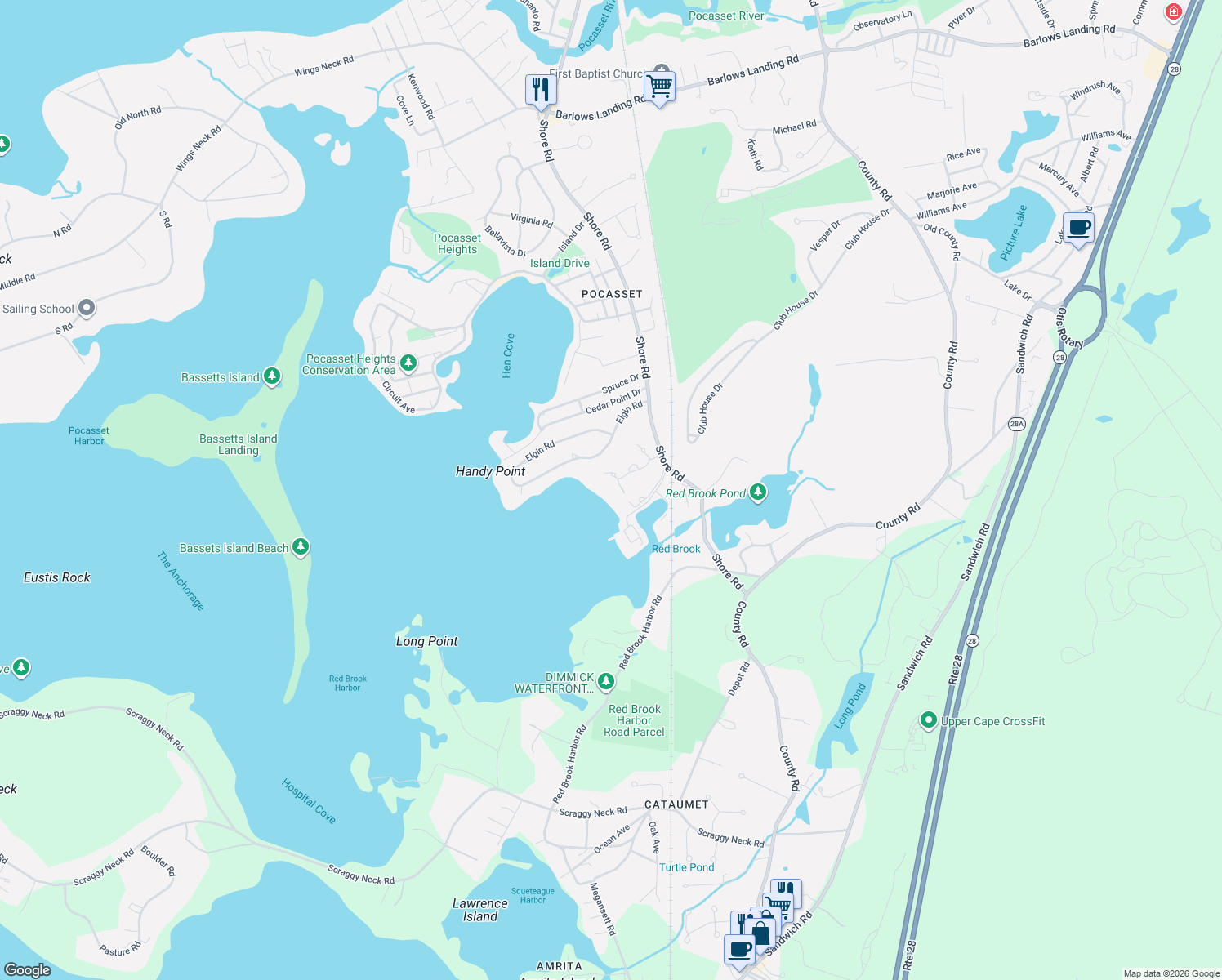 map of restaurants, bars, coffee shops, grocery stores, and more near 22 Nairn Road in Bourne
