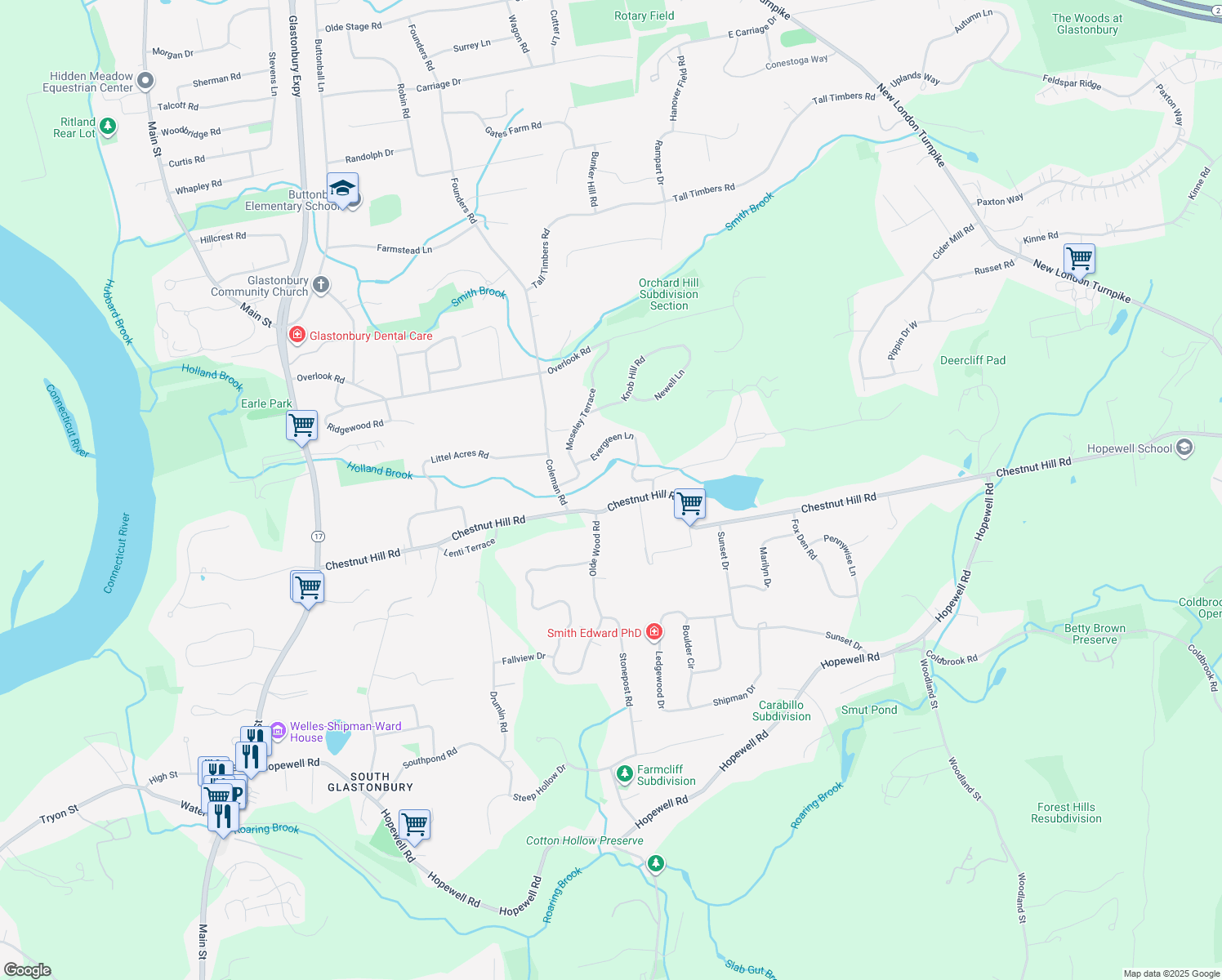 map of restaurants, bars, coffee shops, grocery stores, and more near 337 Chestnut Hill Road in Glastonbury