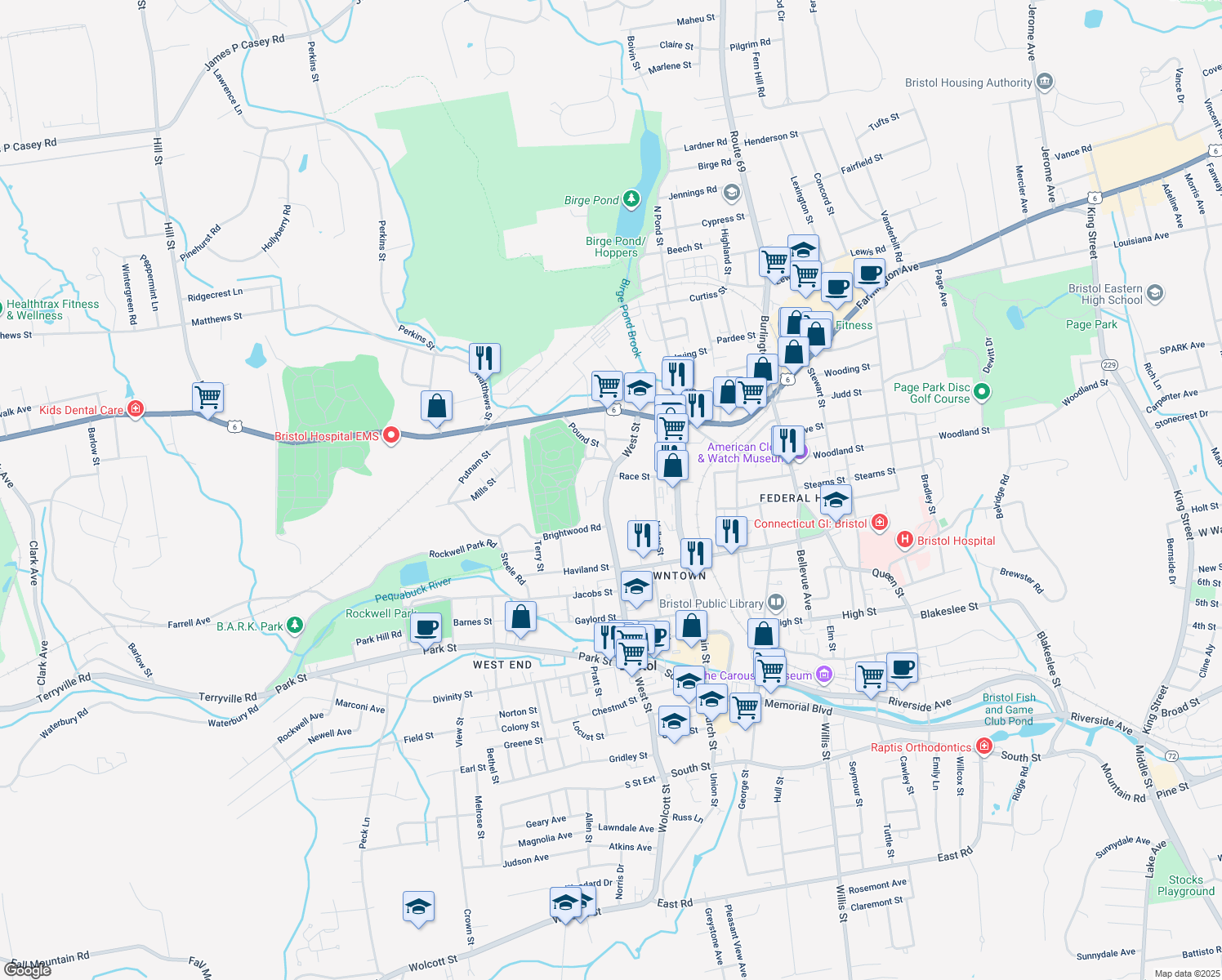 map of restaurants, bars, coffee shops, grocery stores, and more near 2-98 Jennings Terrace in Bristol