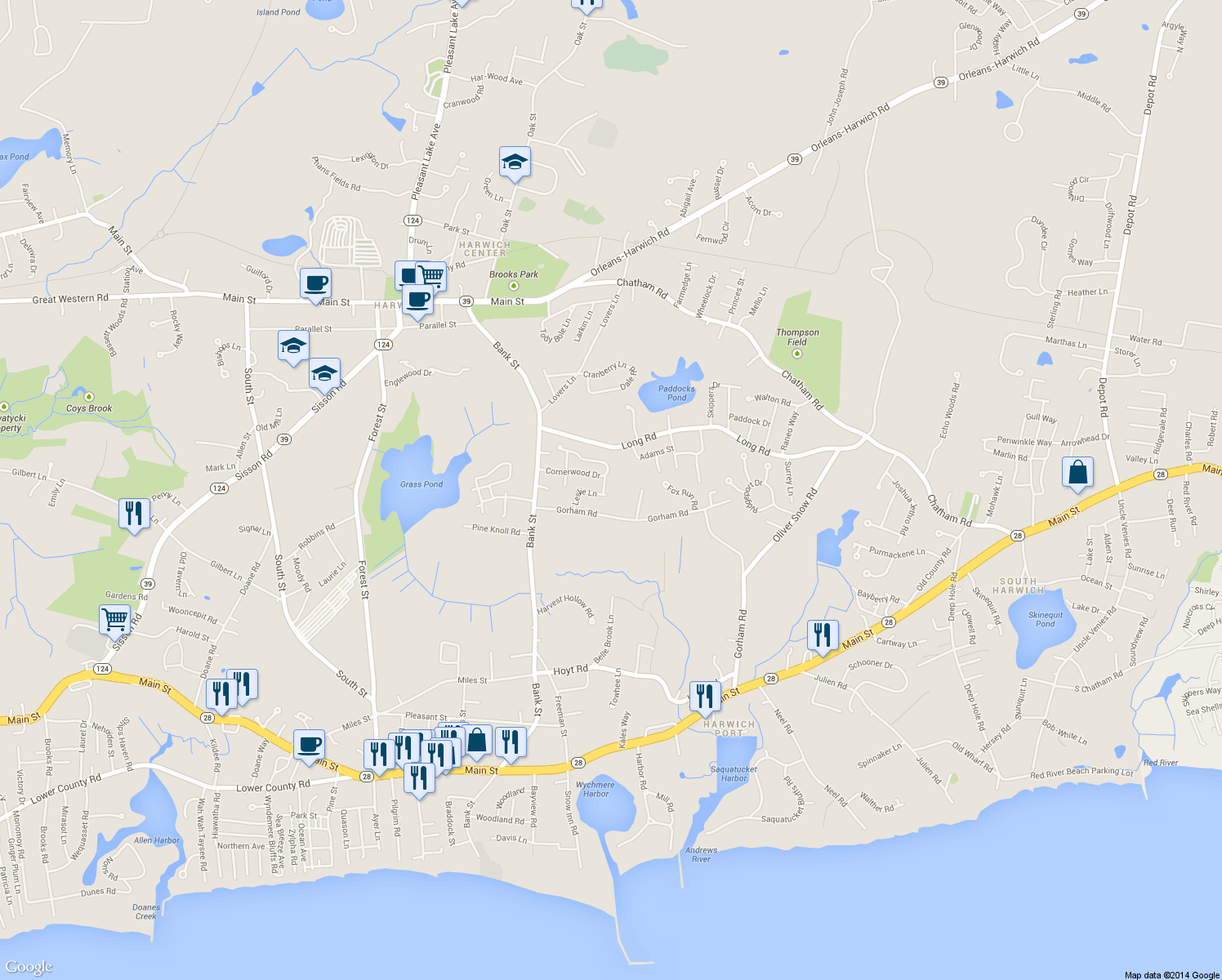 map of restaurants, bars, coffee shops, grocery stores, and more near 30 Leslie Lane in Harwich