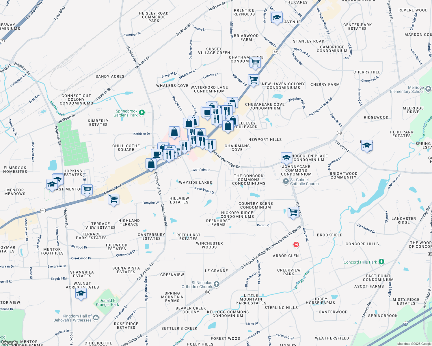 map of restaurants, bars, coffee shops, grocery stores, and more near 7074 Brandywine Drive in Mentor