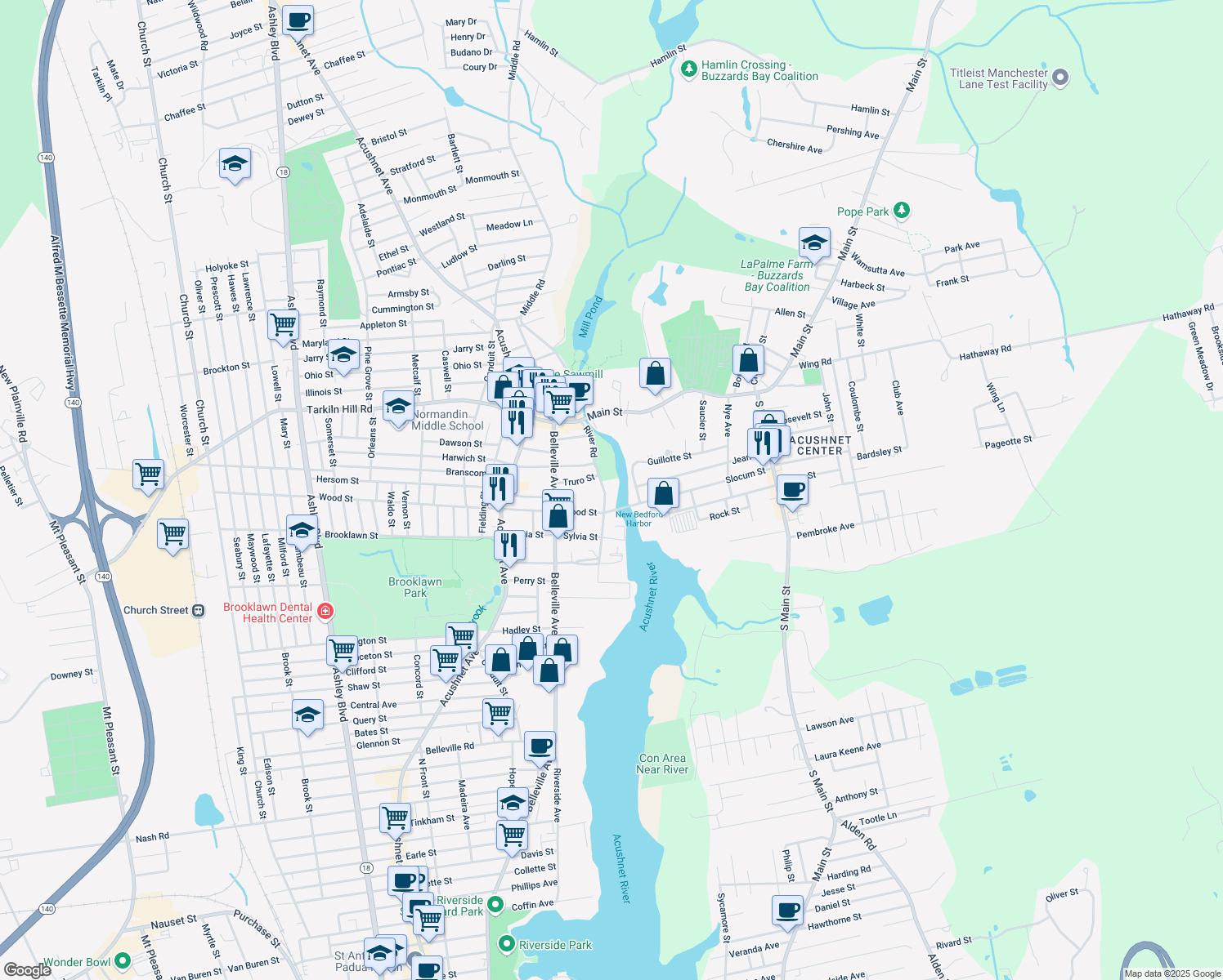 map of restaurants, bars, coffee shops, grocery stores, and more near 180 River Road in New Bedford