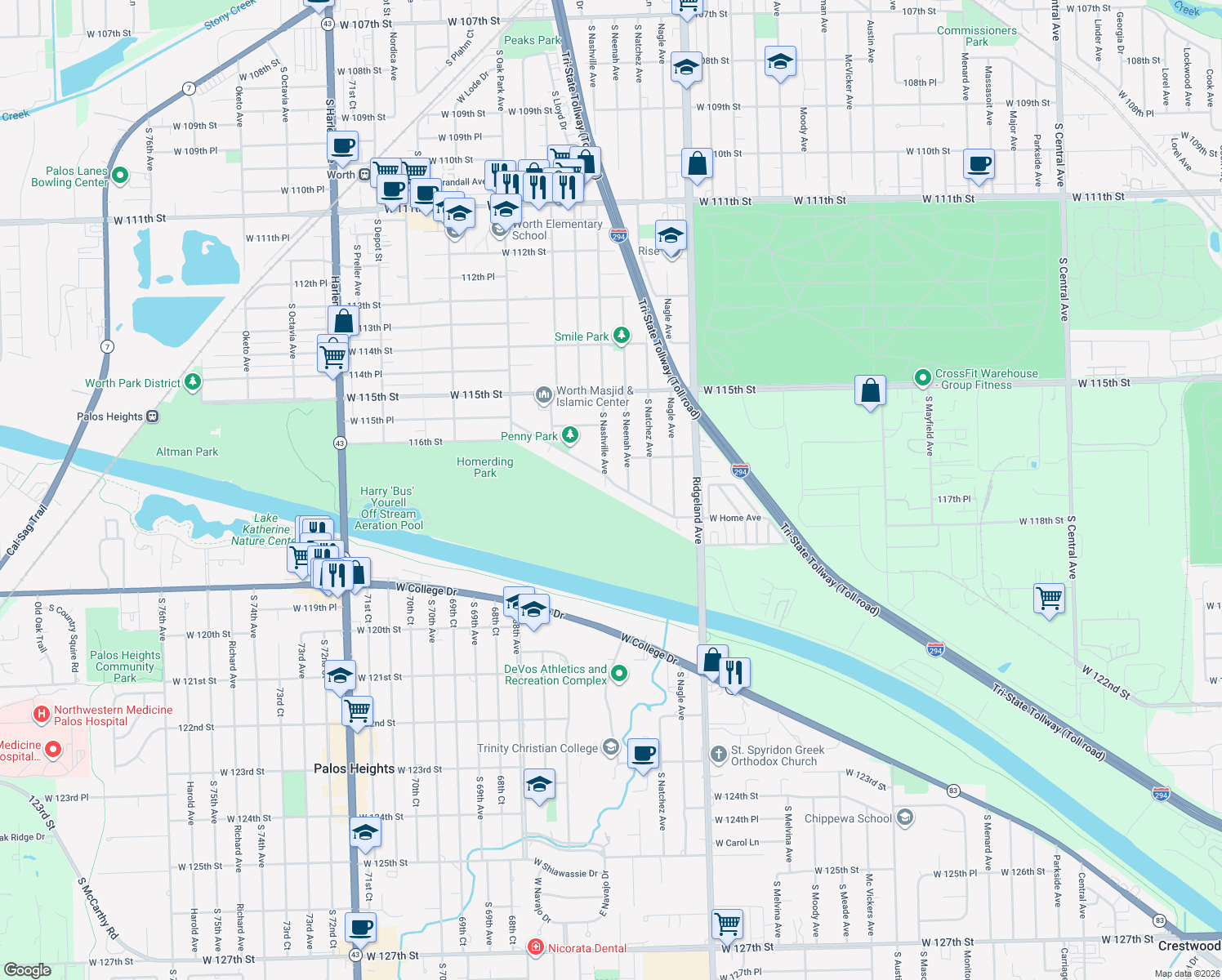 map of restaurants, bars, coffee shops, grocery stores, and more near 6549 West Home Avenue in Worth