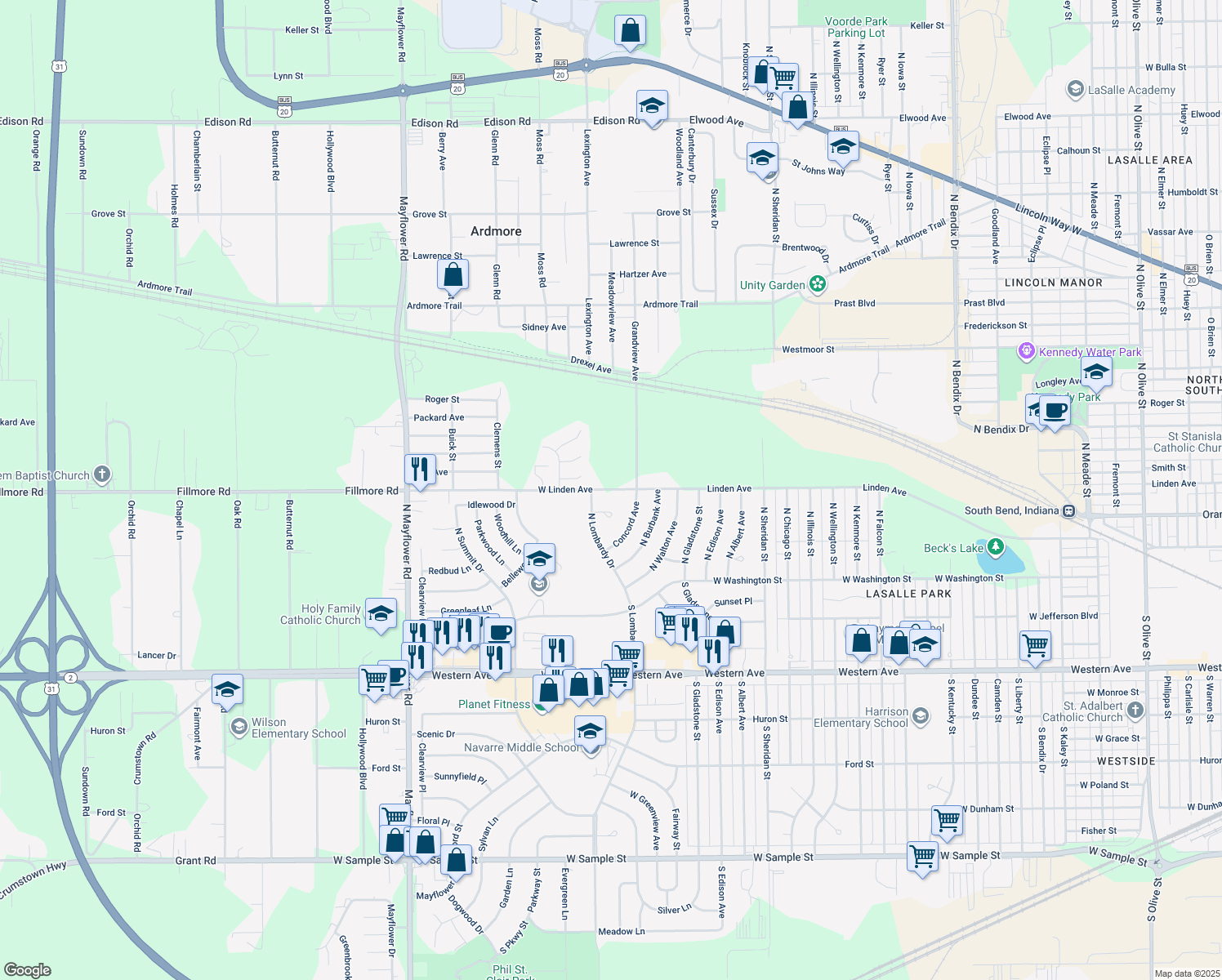 map of restaurants, bars, coffee shops, grocery stores, and more near 4614 West Linden Avenue in South Bend