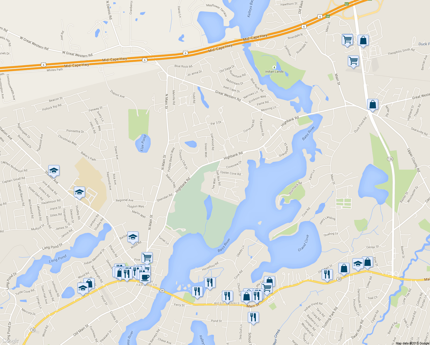 map of restaurants, bars, coffee shops, grocery stores, and more near 4 Tee Way in Yarmouth