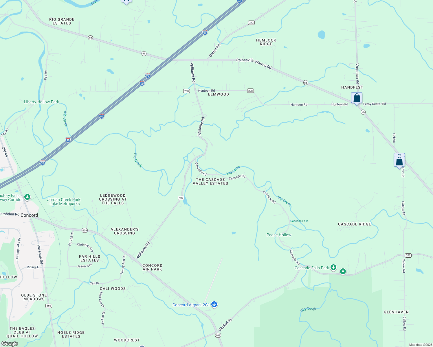map of restaurants, bars, coffee shops, grocery stores, and more near 7036 Cascade Road in Painesville
