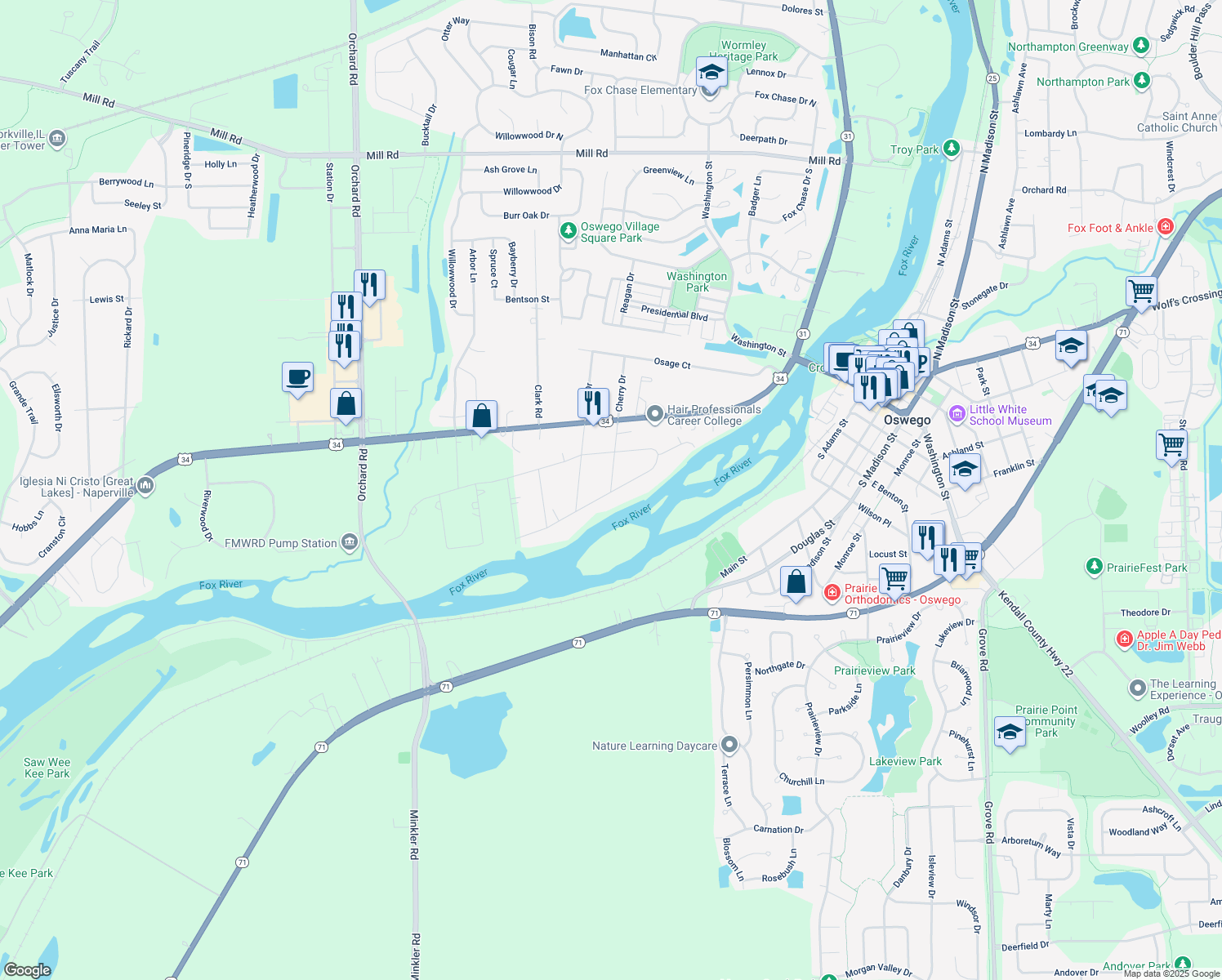map of restaurants, bars, coffee shops, grocery stores, and more near 34 South Cherry Drive in Oswego