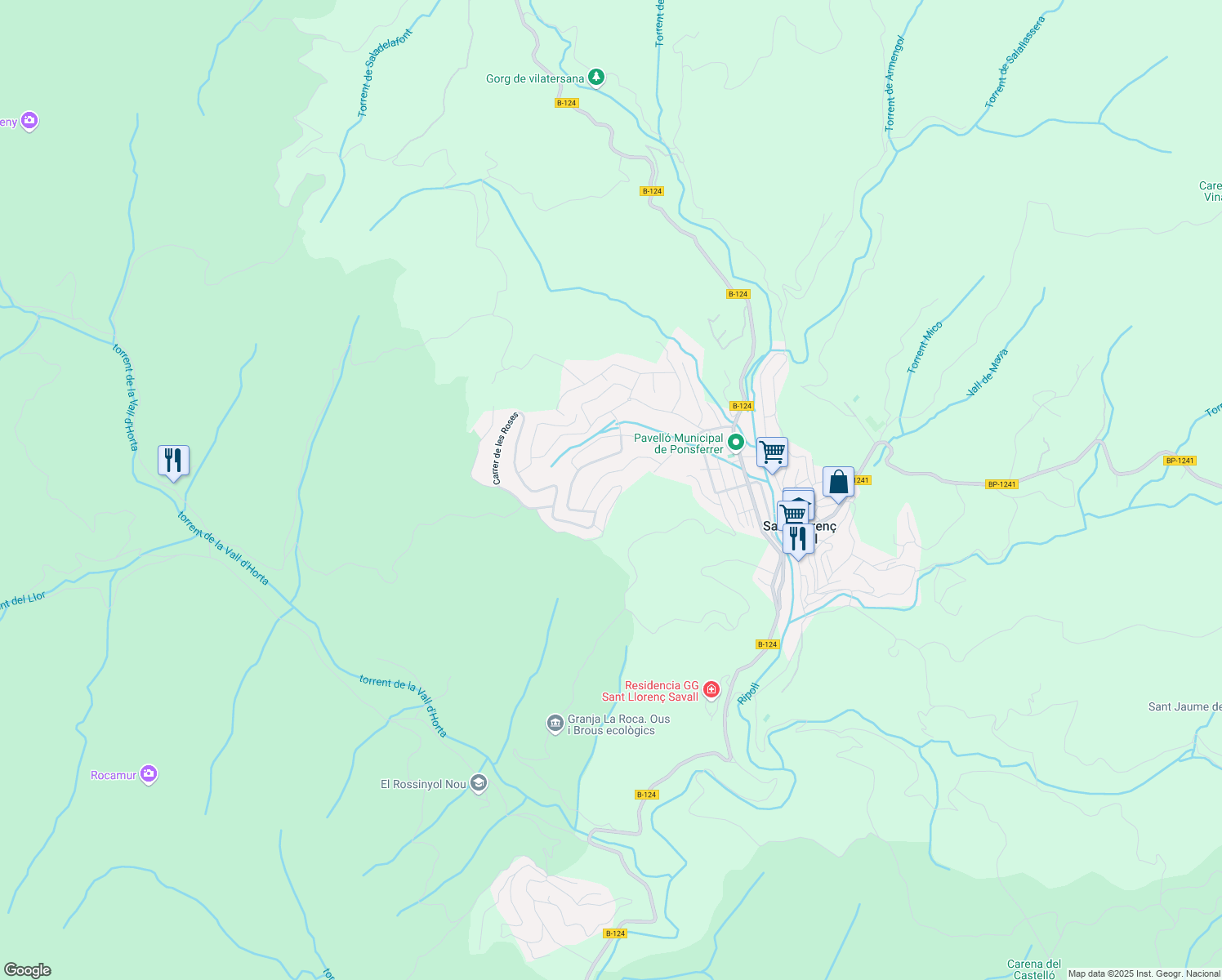 map of restaurants, bars, coffee shops, grocery stores, and more near 56 Carrer del Romani in Sant Llorenç Savall