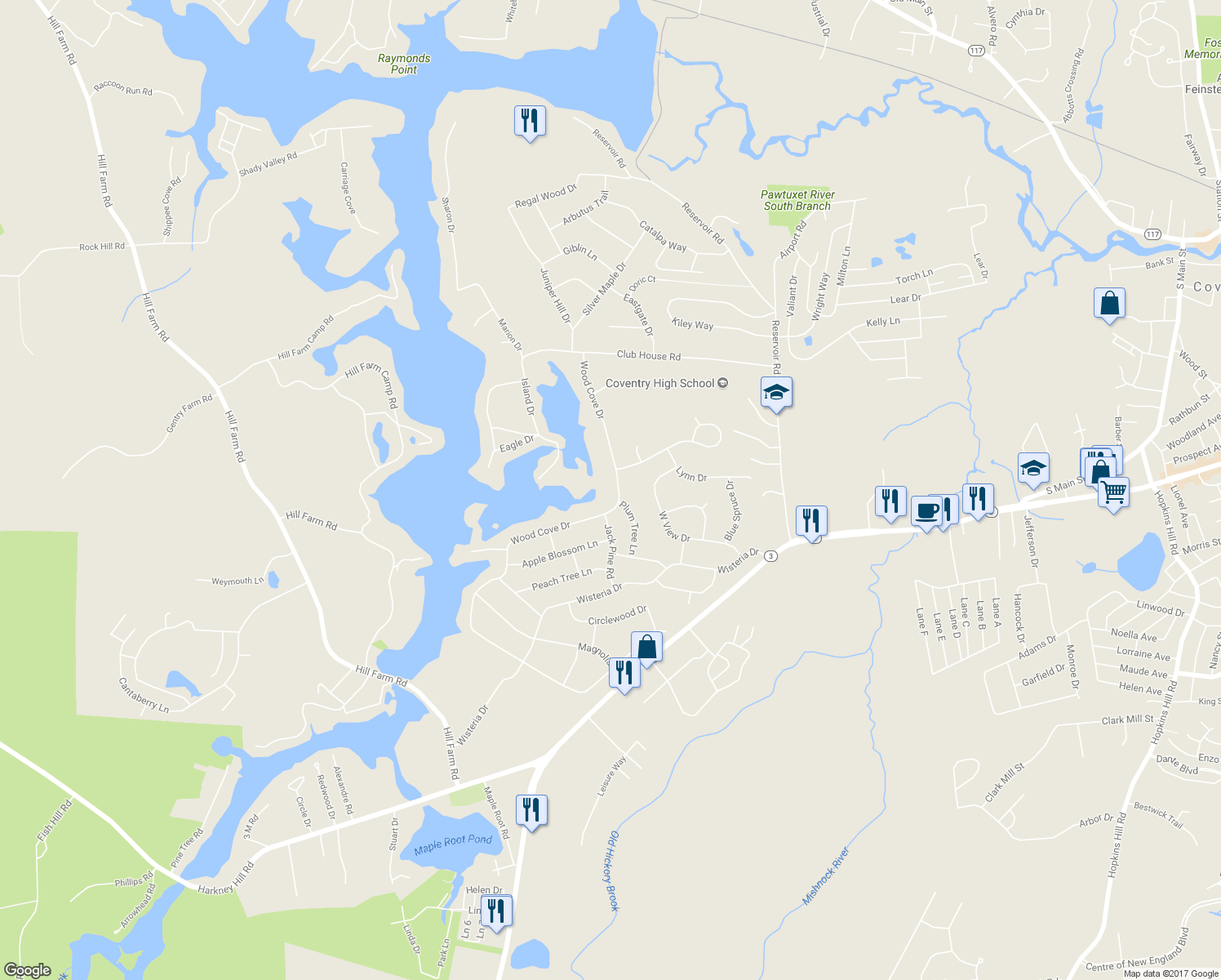 map of restaurants, bars, coffee shops, grocery stores, and more near 102 Wood Cove Drive in Coventry
