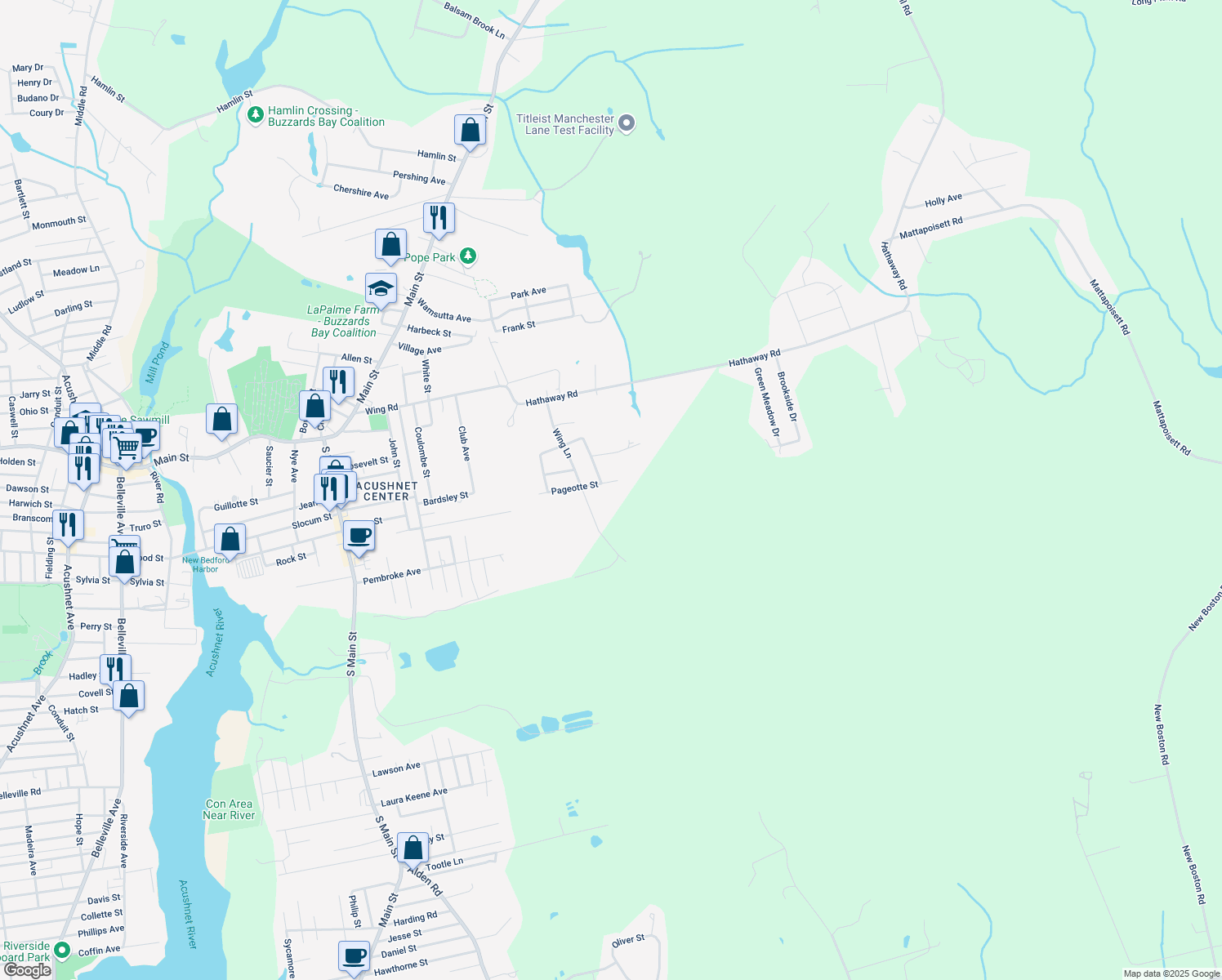 map of restaurants, bars, coffee shops, grocery stores, and more near 92 Pageotte Street in Acushnet