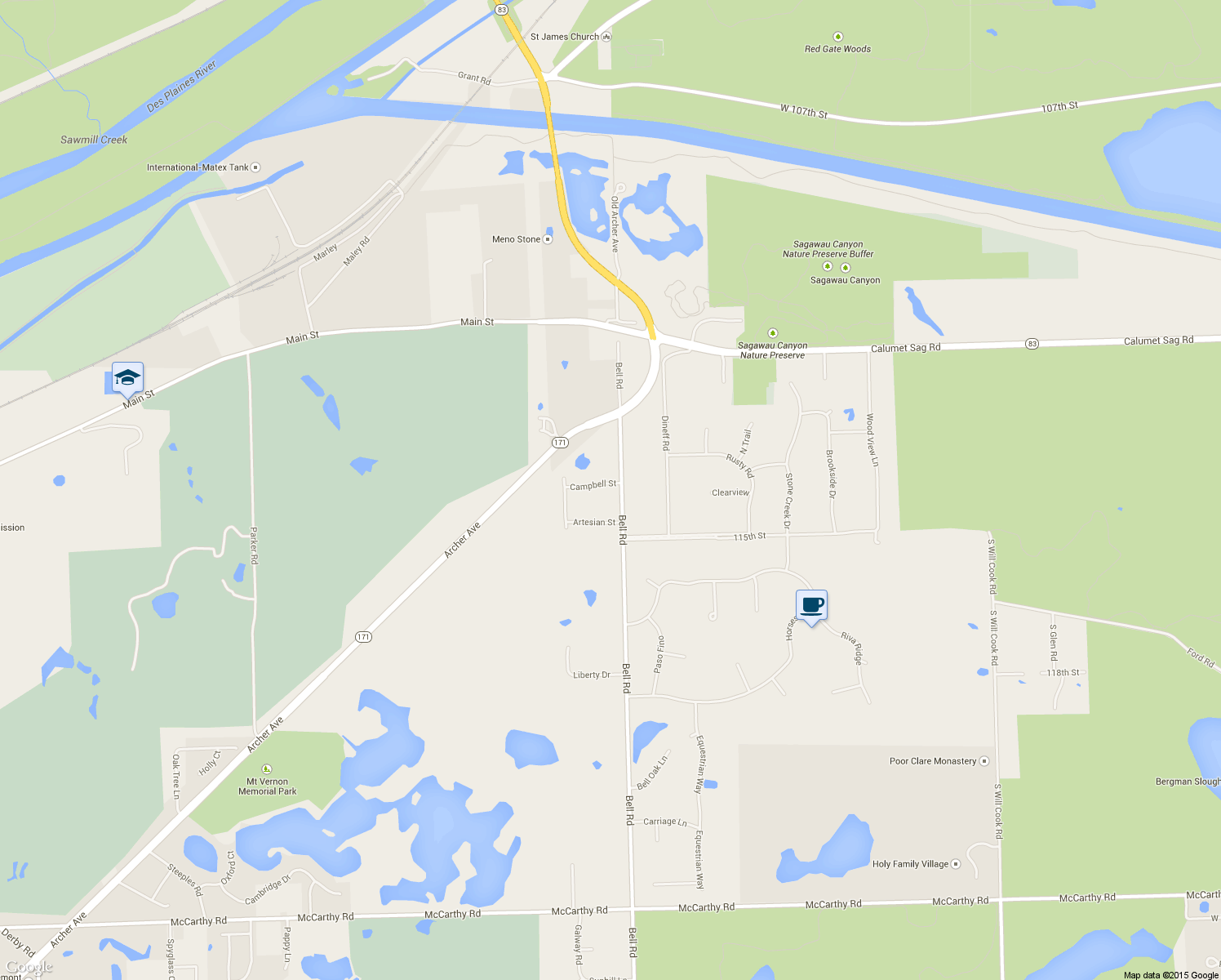 map of restaurants, bars, coffee shops, grocery stores, and more near 11360 Bell Road in Lemont