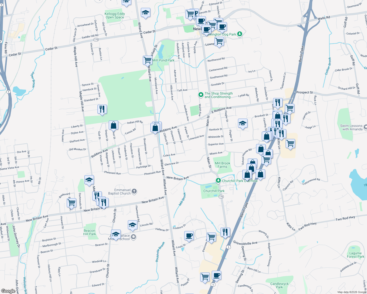 map of restaurants, bars, coffee shops, grocery stores, and more near 78 Valentine St in Newington