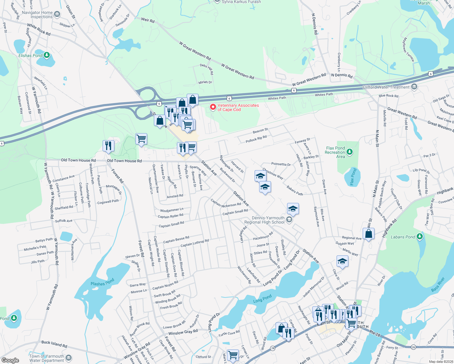 map of restaurants, bars, coffee shops, grocery stores, and more near 360 Station Avenue in South Yarmouth