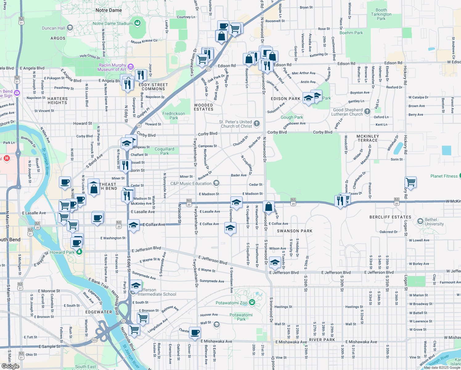 map of restaurants, bars, coffee shops, grocery stores, and more near 1798 Cedar St in South Bend