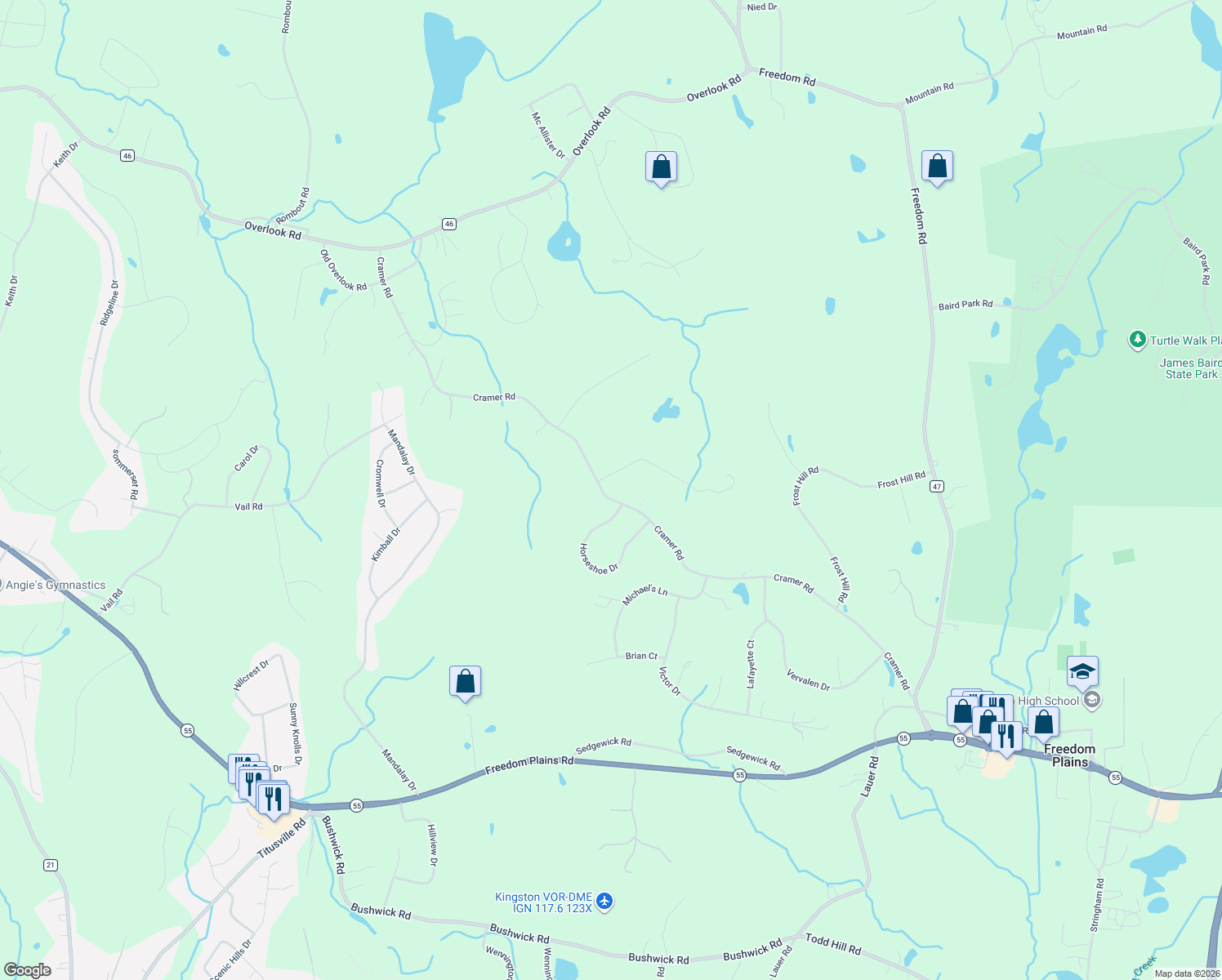 map of restaurants, bars, coffee shops, grocery stores, and more near 2 Linda Court in Poughkeepsie