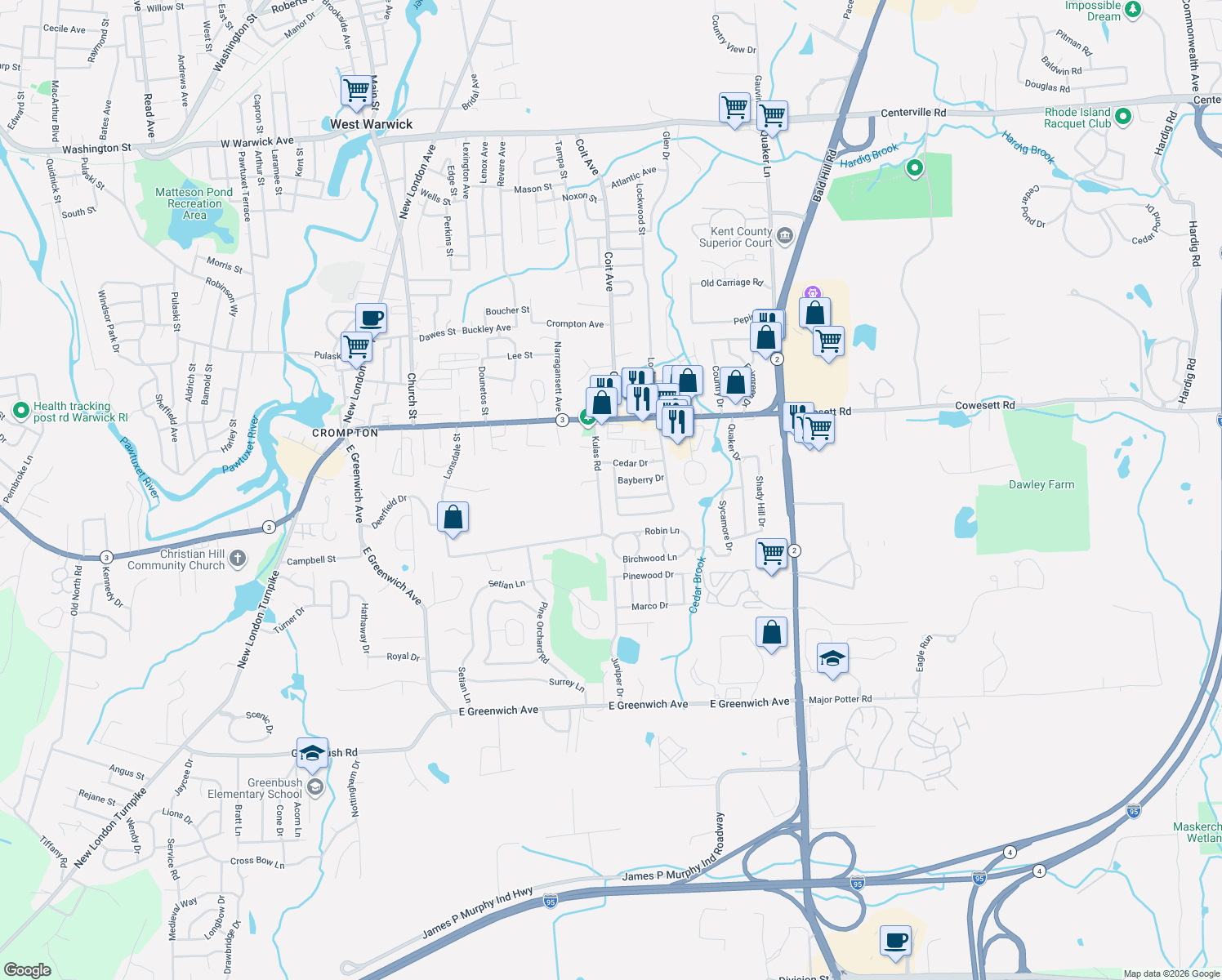 map of restaurants, bars, coffee shops, grocery stores, and more near 178 Monterey Dr in West Warwick
