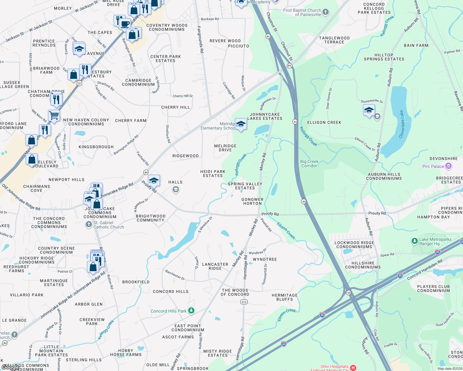 map of restaurants, bars, coffee shops, grocery stores, and more near 10459 Stuart Dr in Painesville