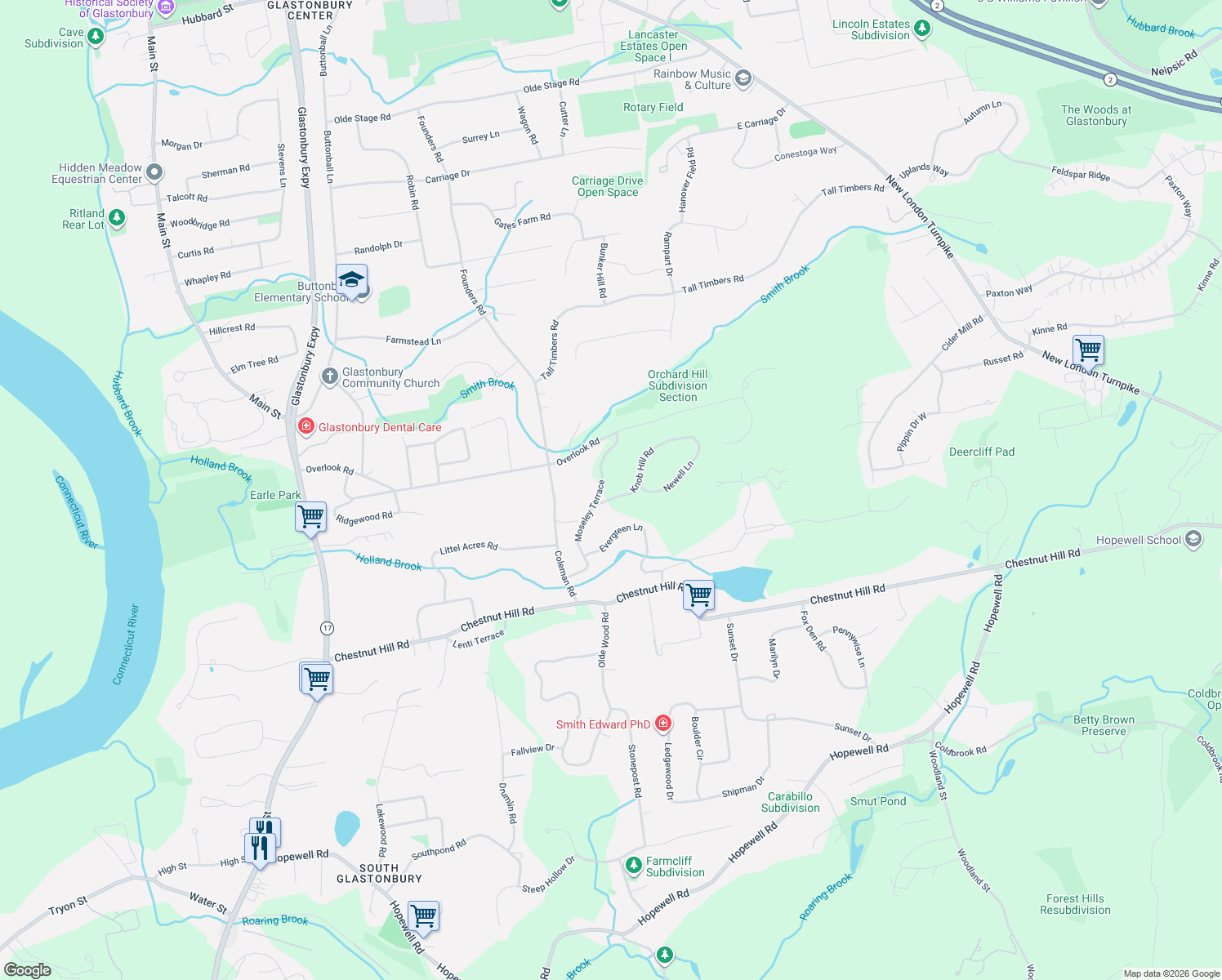 map of restaurants, bars, coffee shops, grocery stores, and more near 25 Knob Hill Road in Glastonbury