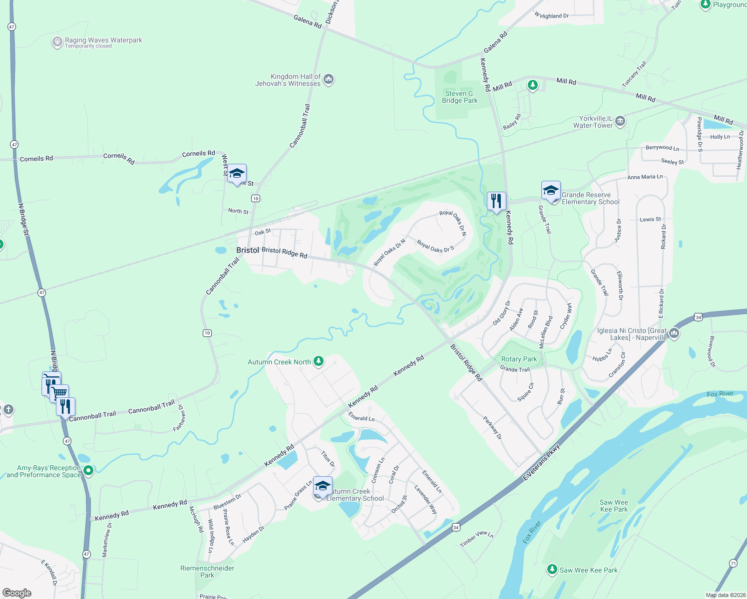map of restaurants, bars, coffee shops, grocery stores, and more near 33 Royal Oaks Drive North in Bristol