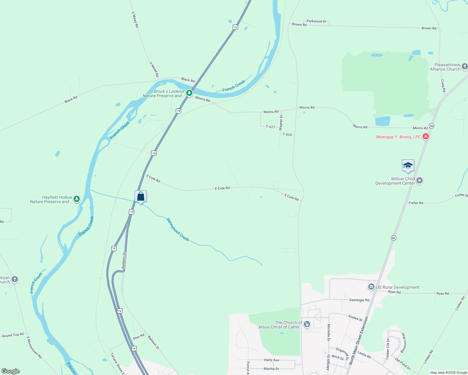 map of restaurants, bars, coffee shops, grocery stores, and more near 19485 E Cole Rd in Meadville