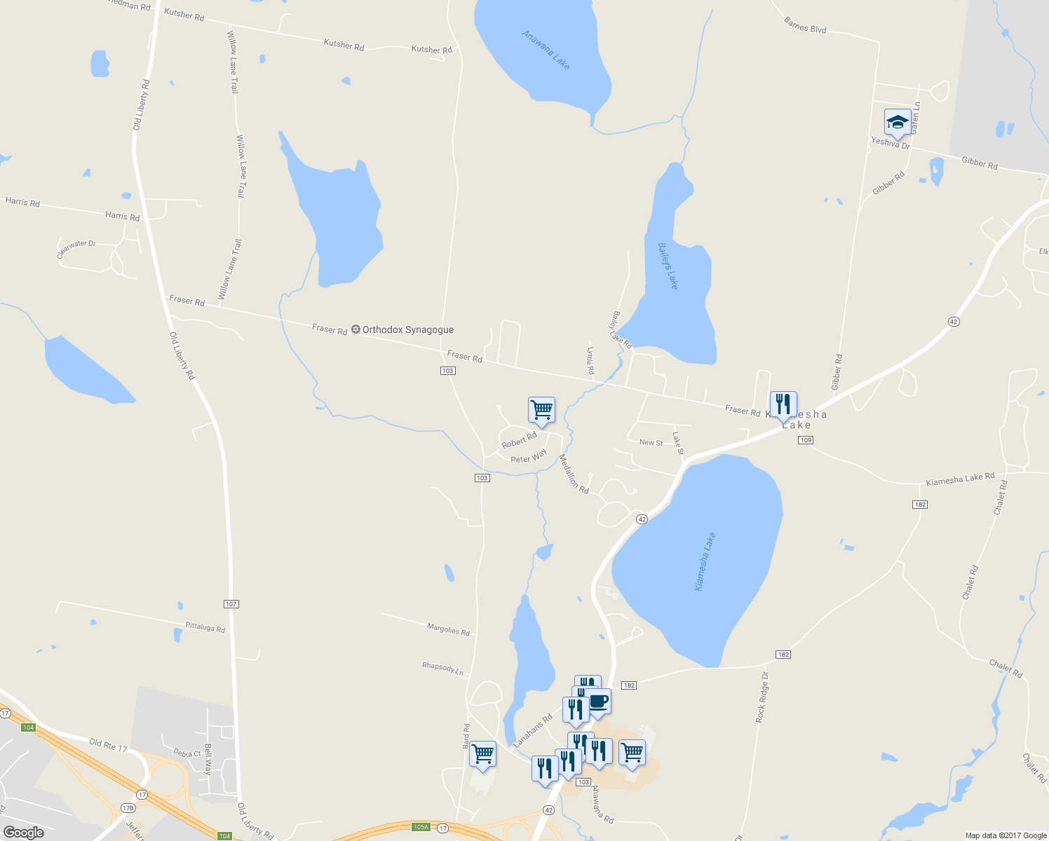 map of restaurants, bars, coffee shops, grocery stores, and more near 35 Elizabeth Way in Kiamesha Lake
