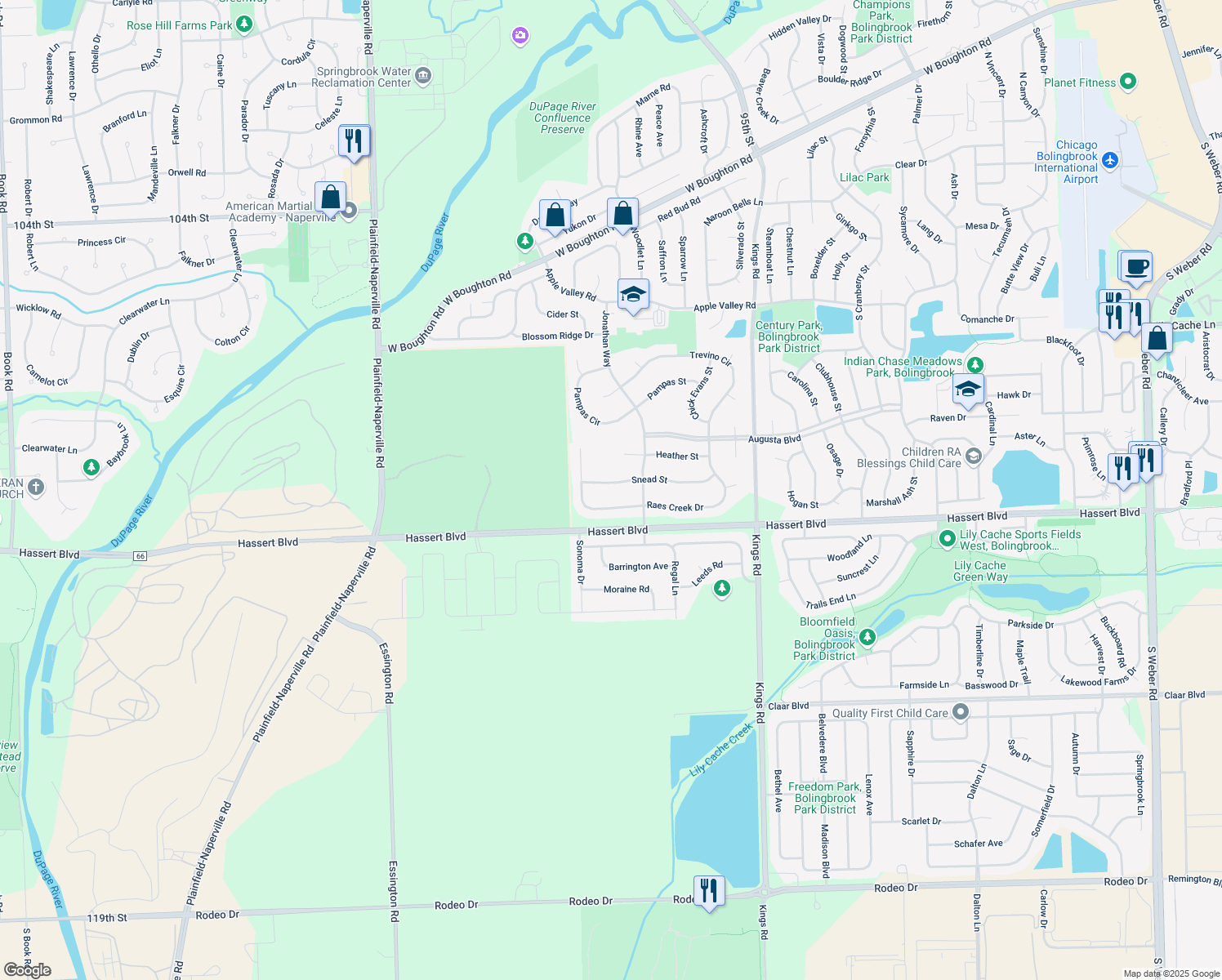 map of restaurants, bars, coffee shops, grocery stores, and more near 1871 Snead Street in Bolingbrook