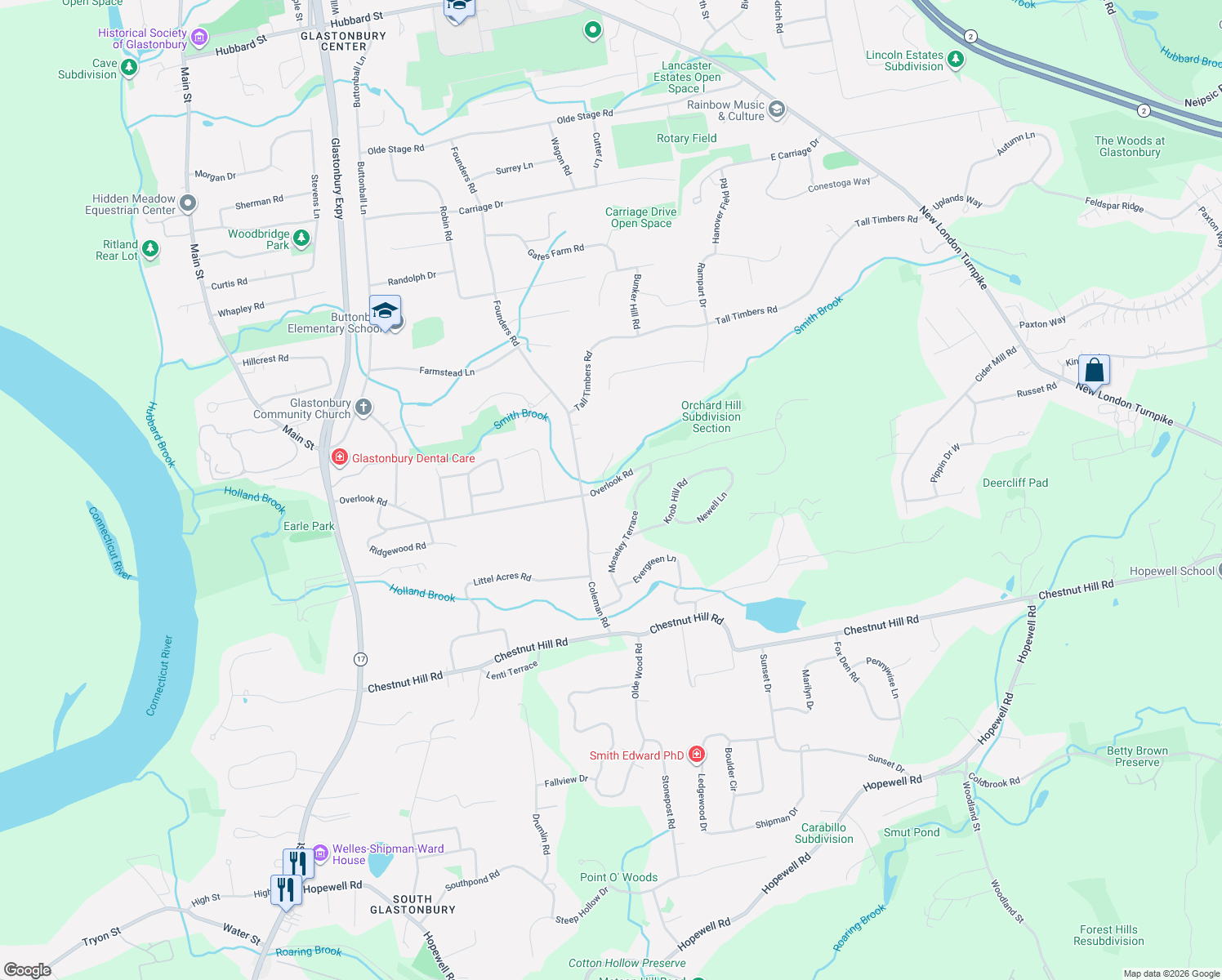 map of restaurants, bars, coffee shops, grocery stores, and more near 320 Overlook Road in Glastonbury