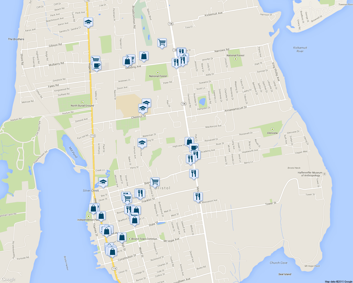 map of restaurants, bars, coffee shops, grocery stores, and more near 9 Francesca Lane in Bristol