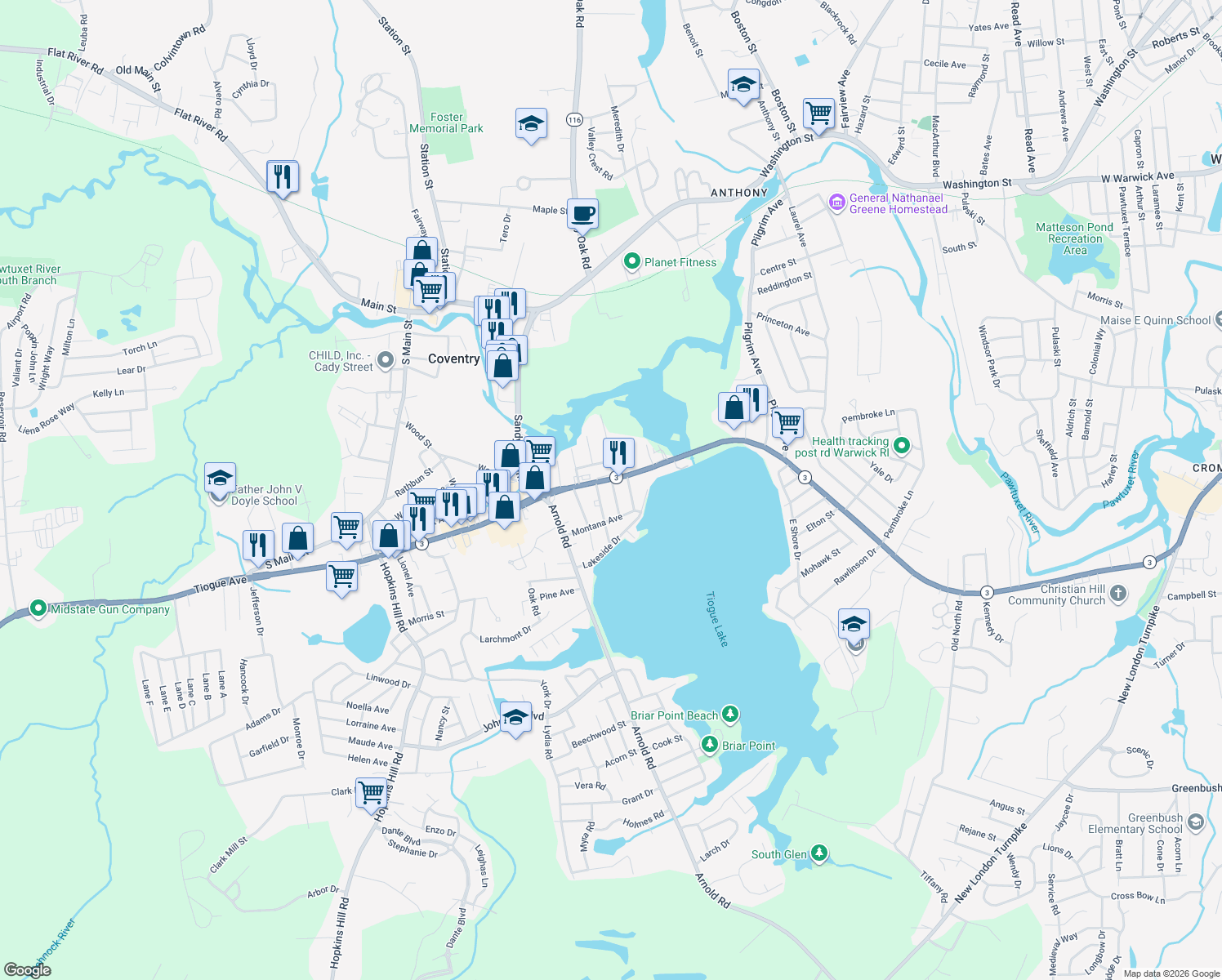 map of restaurants, bars, coffee shops, grocery stores, and more near 6 Colorado Street in Coventry