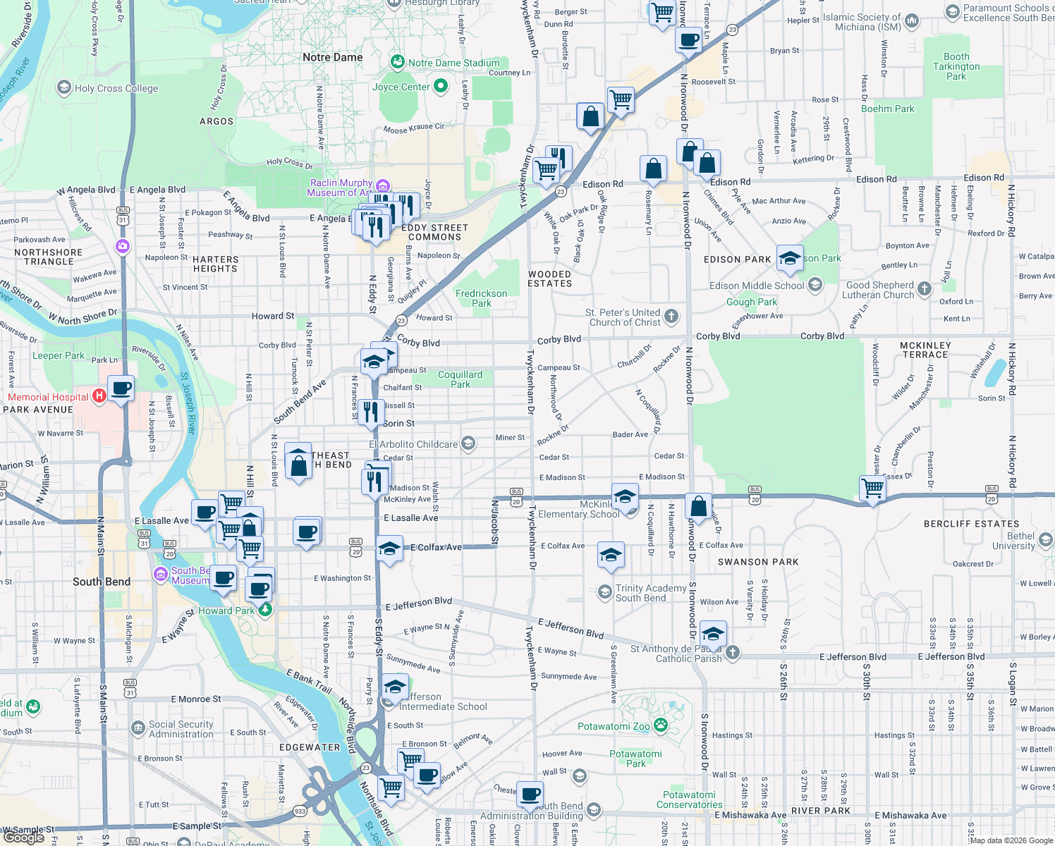 map of restaurants, bars, coffee shops, grocery stores, and more near 1454 East Sorin Street in South Bend
