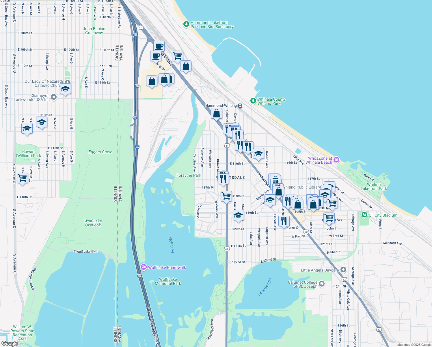 map of restaurants, bars, coffee shops, grocery stores, and more near 1632 Brown Ave in Whiting
